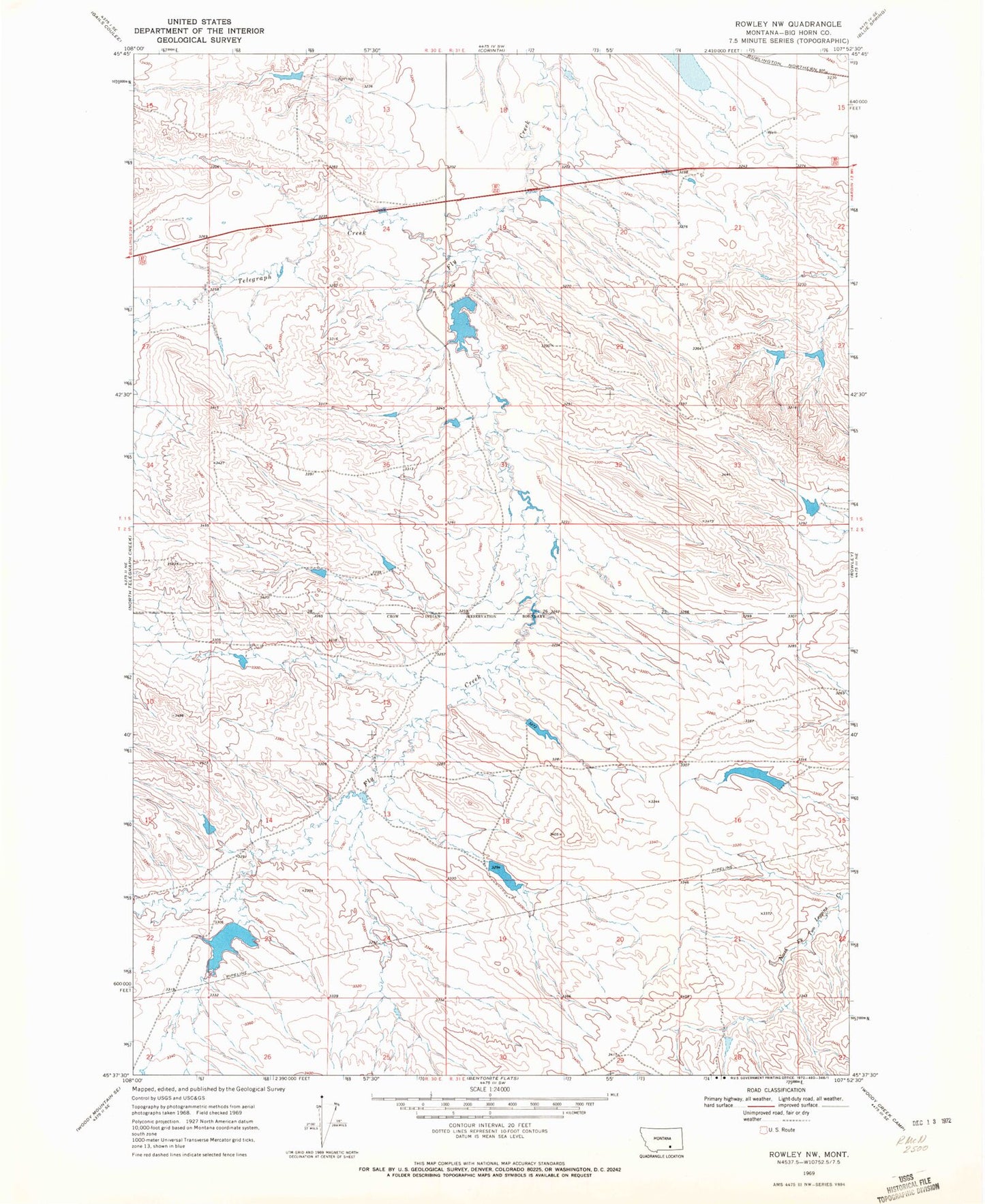 Classic USGS Rowley NW Montana 7.5'x7.5' Topo Map Image