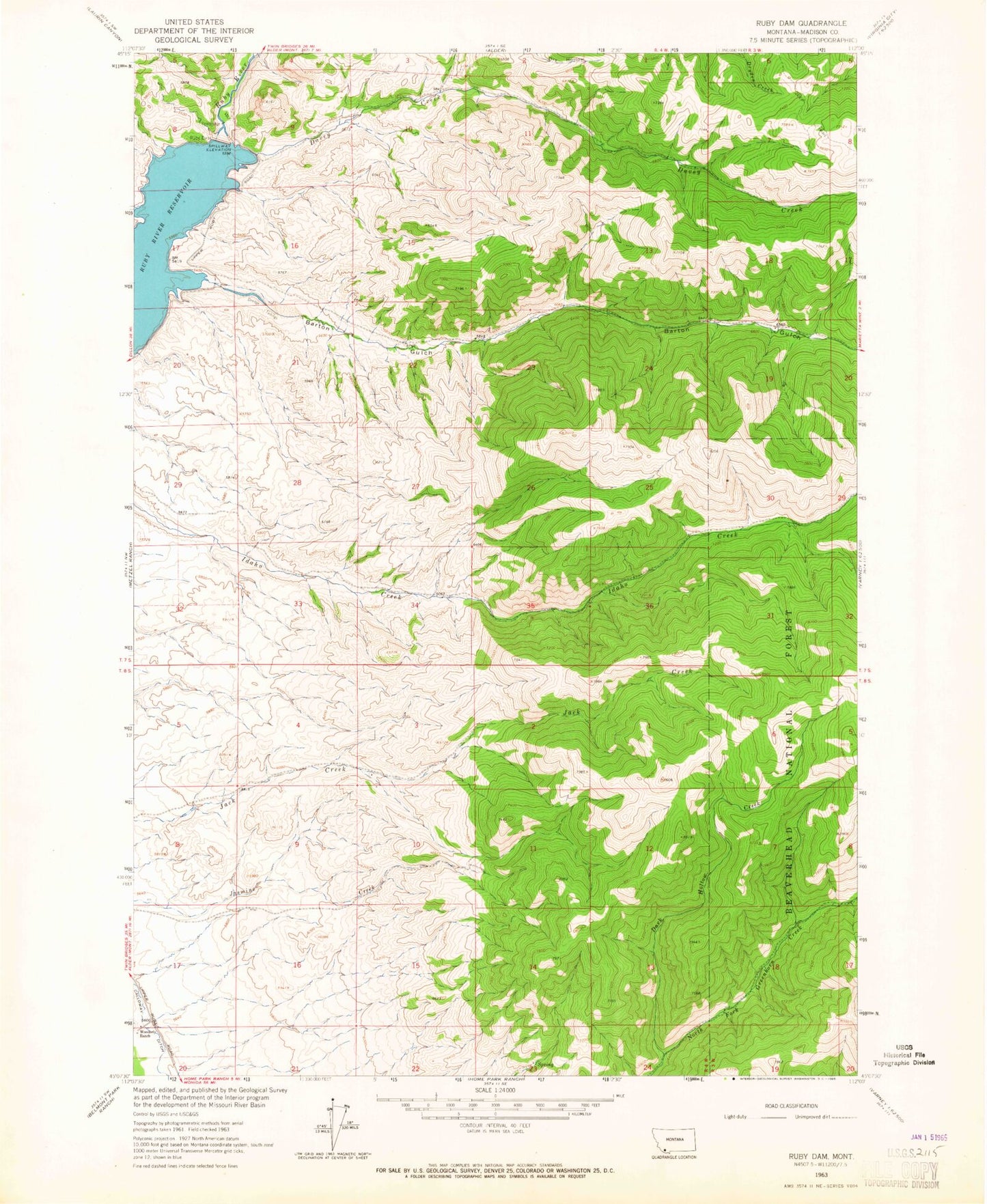 Classic USGS Ruby Dam Montana 7.5'x7.5' Topo Map Image
