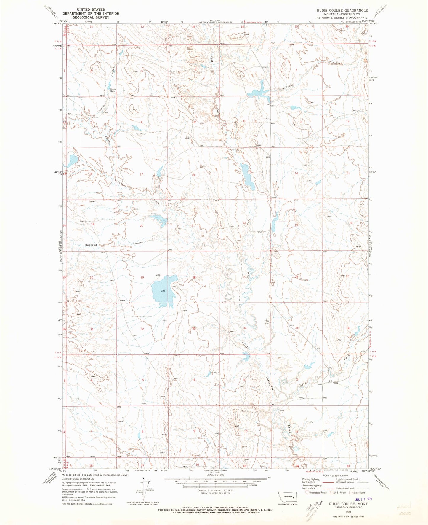 Classic USGS Rudie Coulee Montana 7.5'x7.5' Topo Map Image