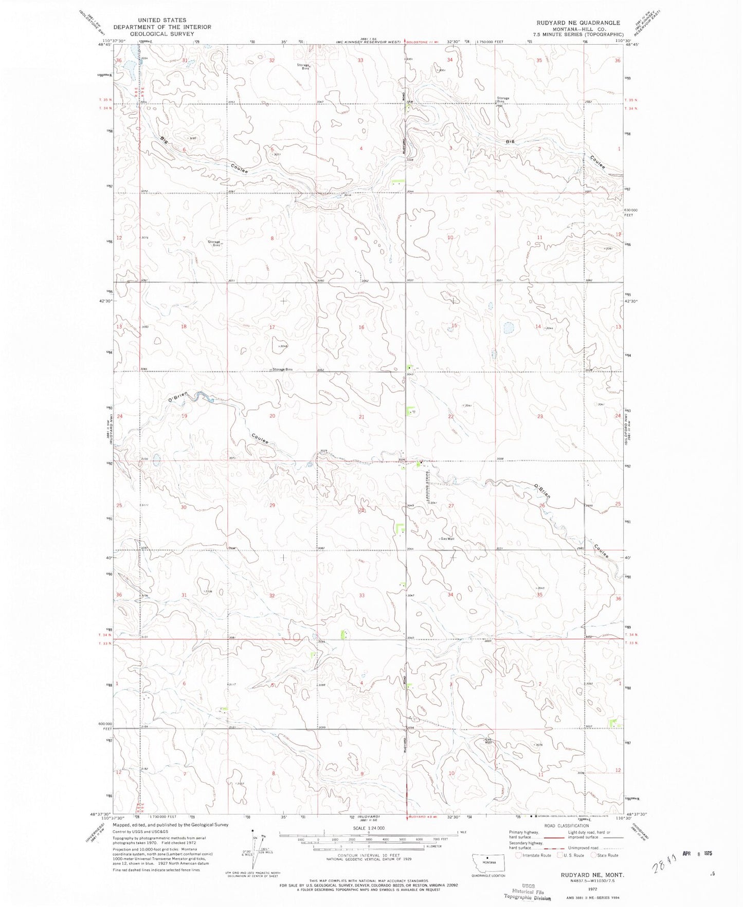 Classic USGS Rudyard NE Montana 7.5'x7.5' Topo Map Image