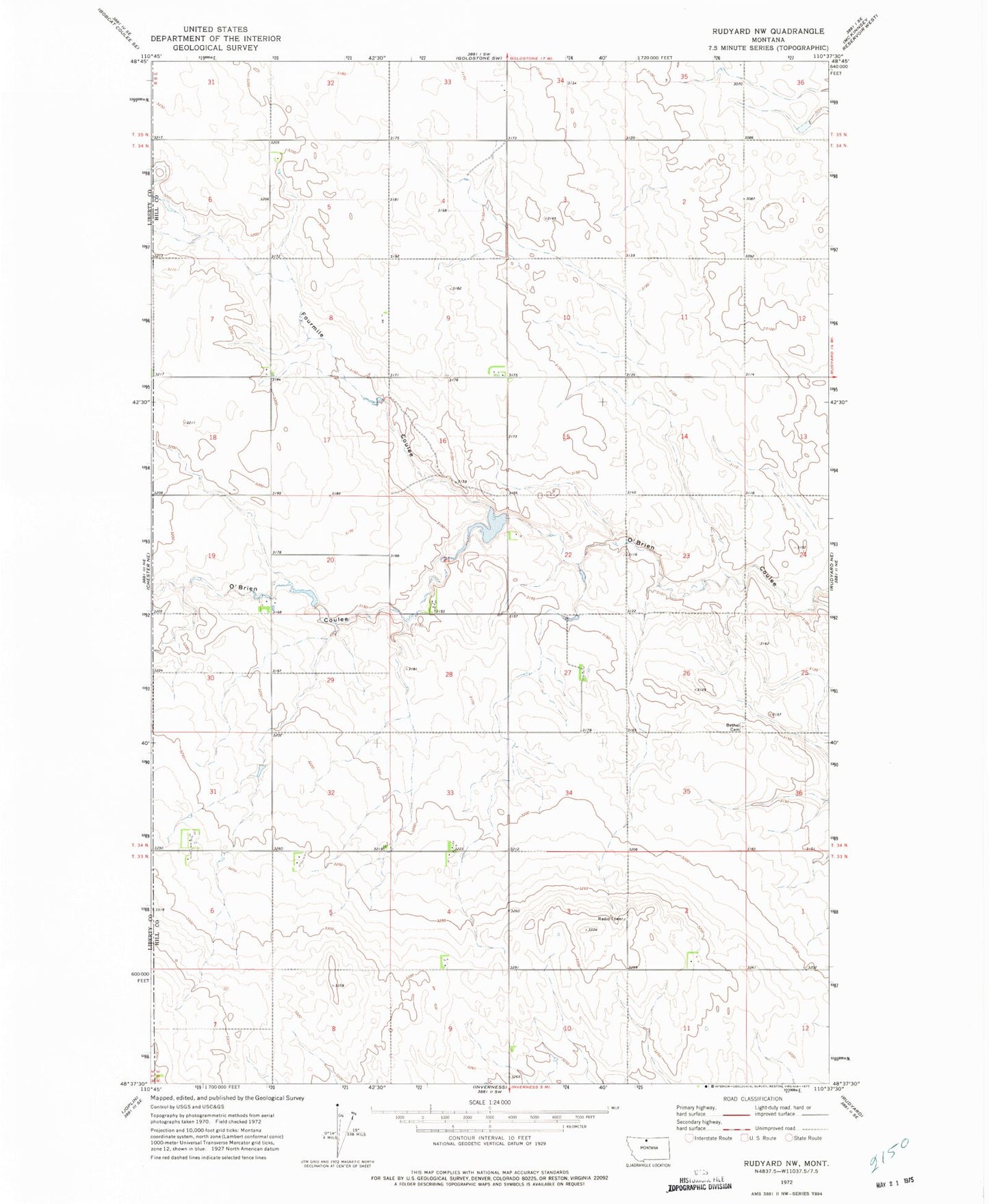 Classic USGS Rudyard NW Montana 7.5'x7.5' Topo Map Image