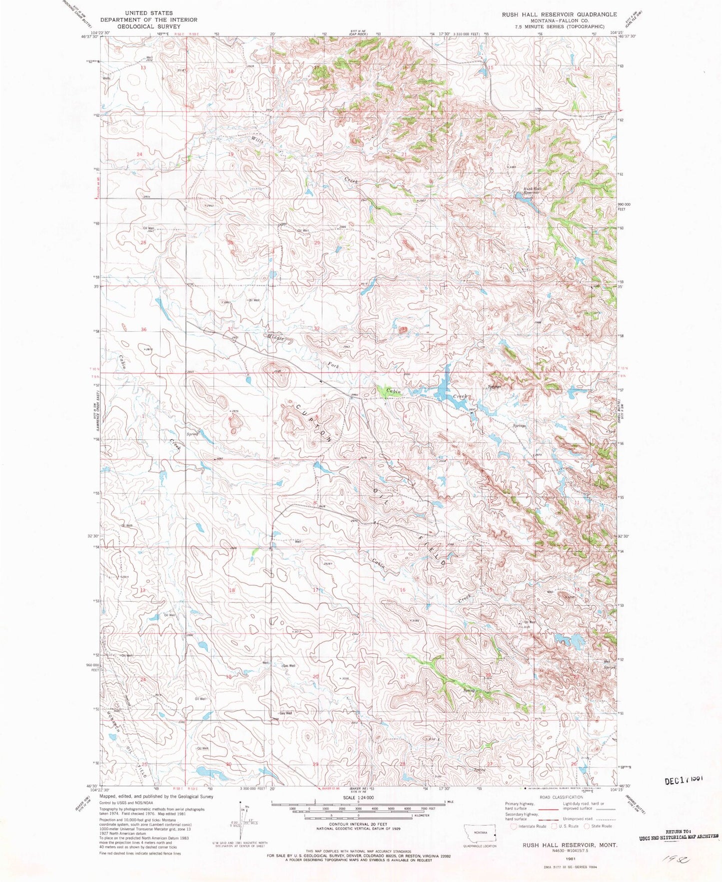 Classic USGS Rush Hall Reservoir Montana 7.5'x7.5' Topo Map Image