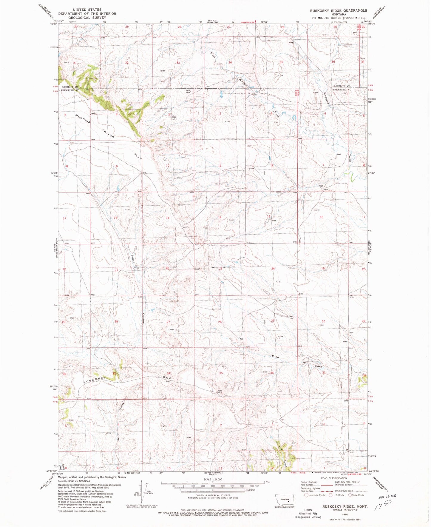 Classic USGS Ruskosky Ridge Montana 7.5'x7.5' Topo Map Image