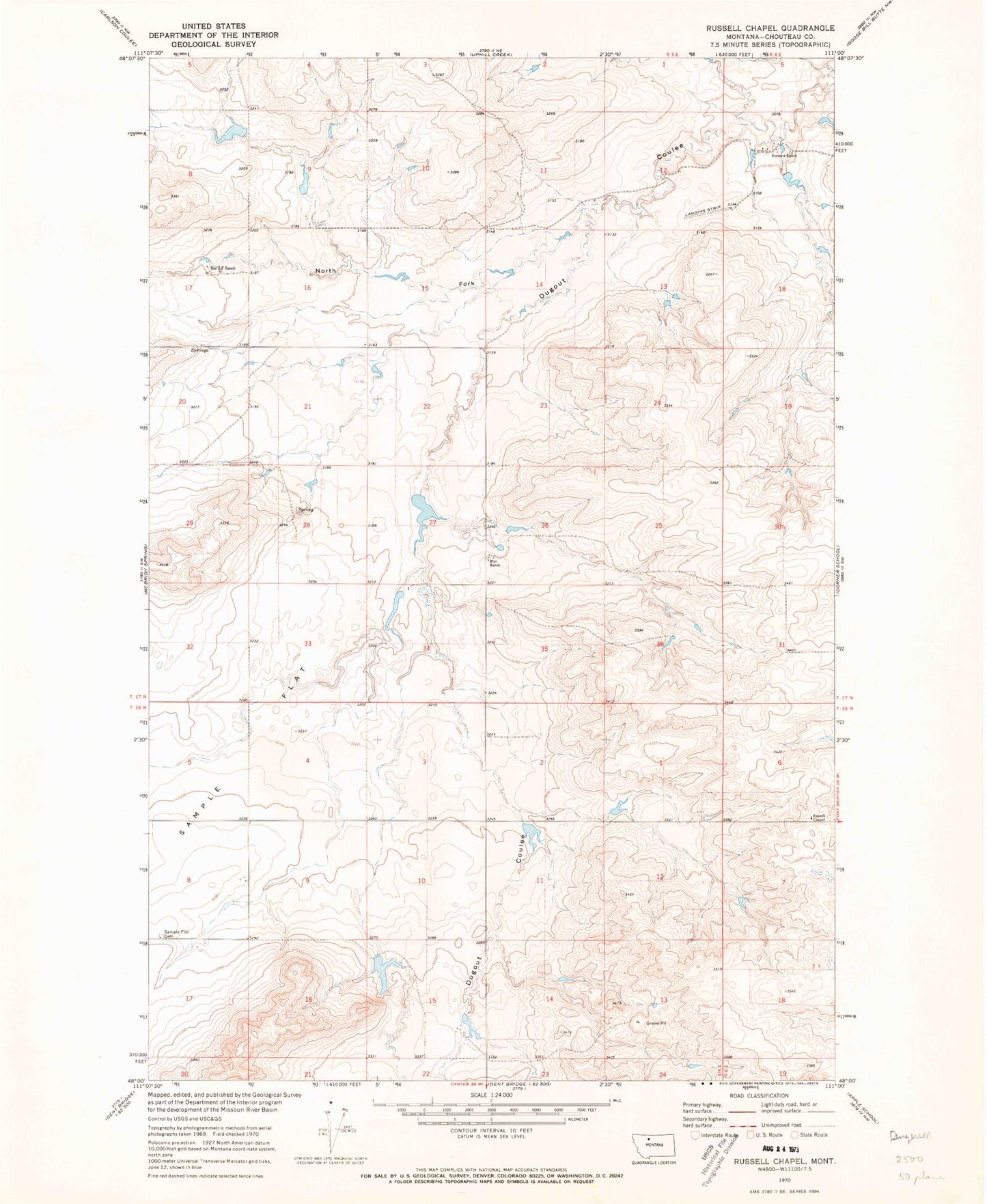 Classic USGS Russell Chapel Montana 7.5'x7.5' Topo Map Image