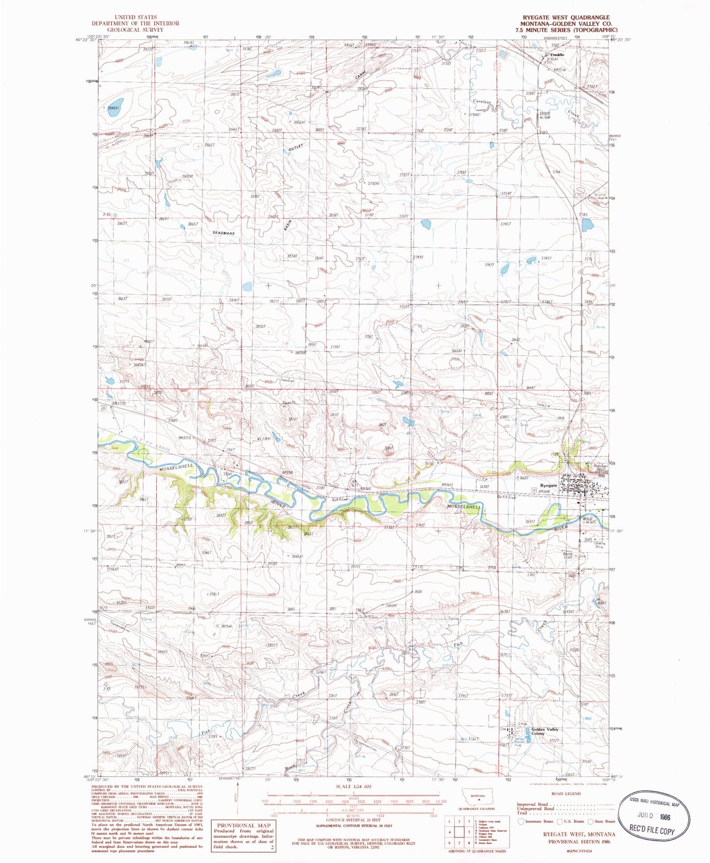 Classic USGS Ryegate West Montana 7.5'x7.5' Topo Map Image