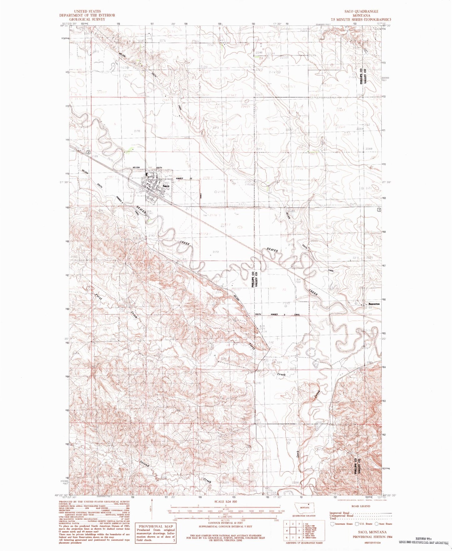Classic USGS Saco Montana 7.5'x7.5' Topo Map Image