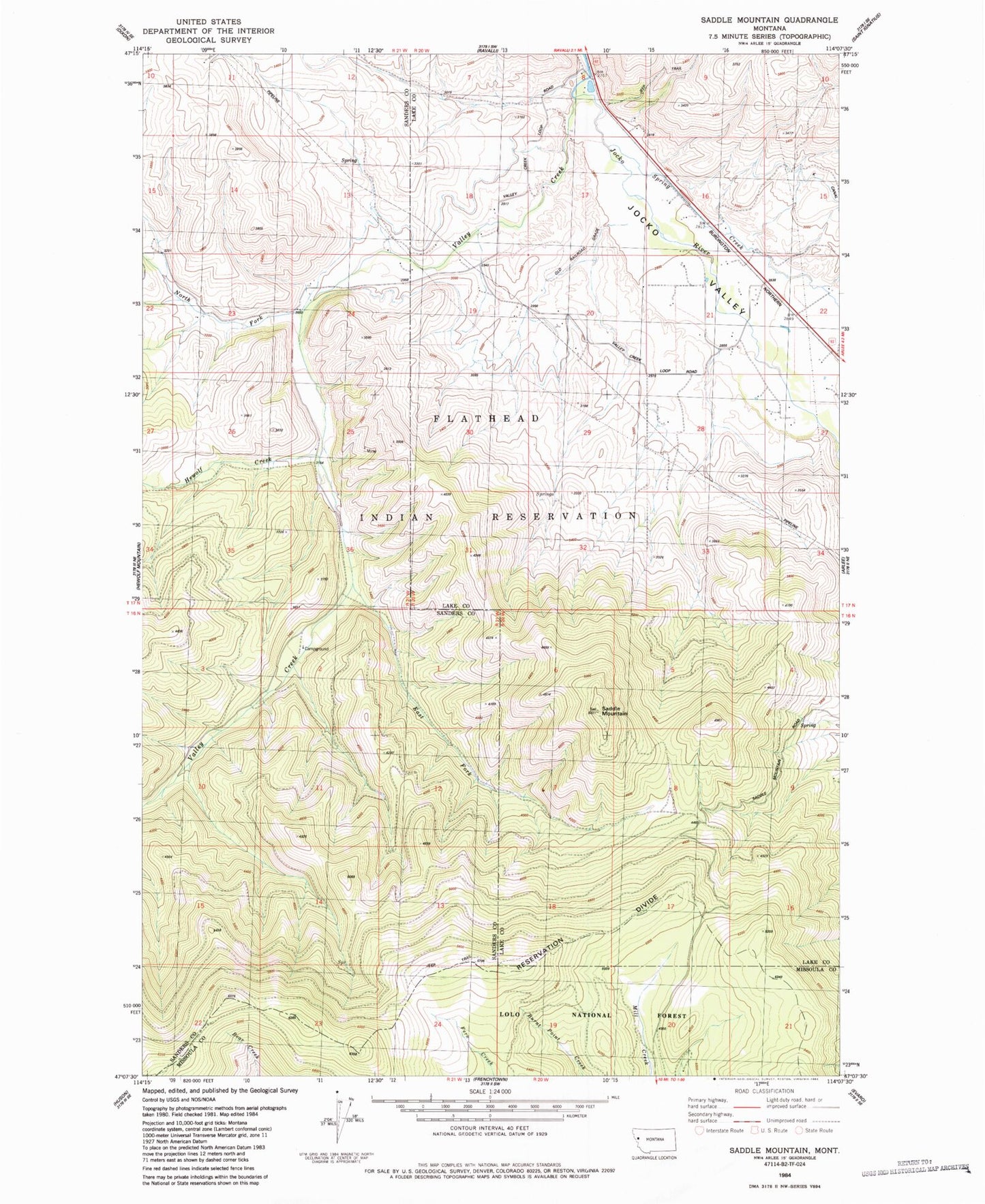 Classic USGS Saddle Mountain Montana 7.5'x7.5' Topo Map Image