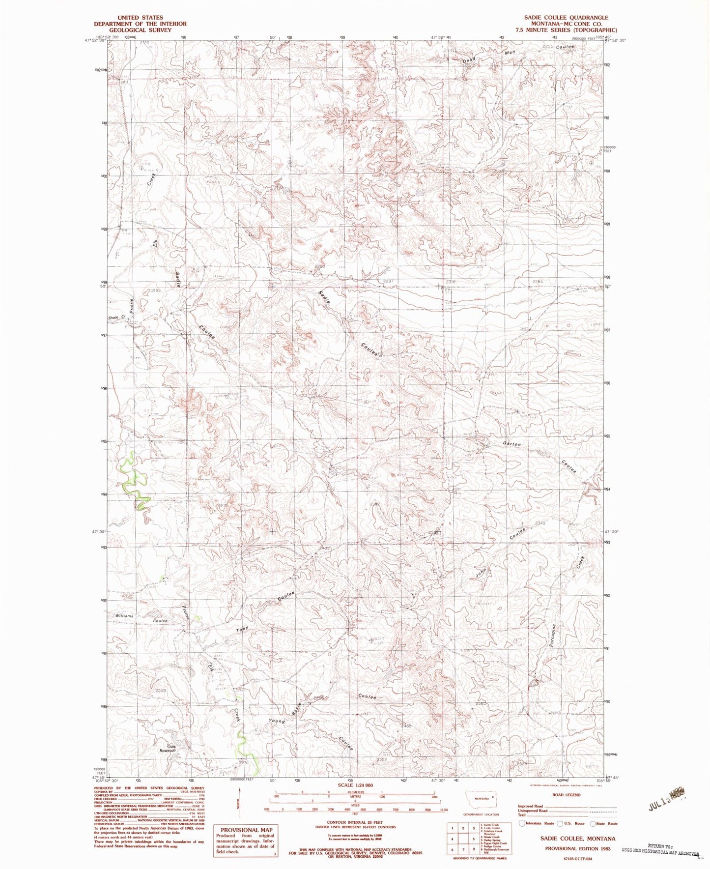 Classic USGS Sadie Coulee Montana 7.5'x7.5' Topo Map Image