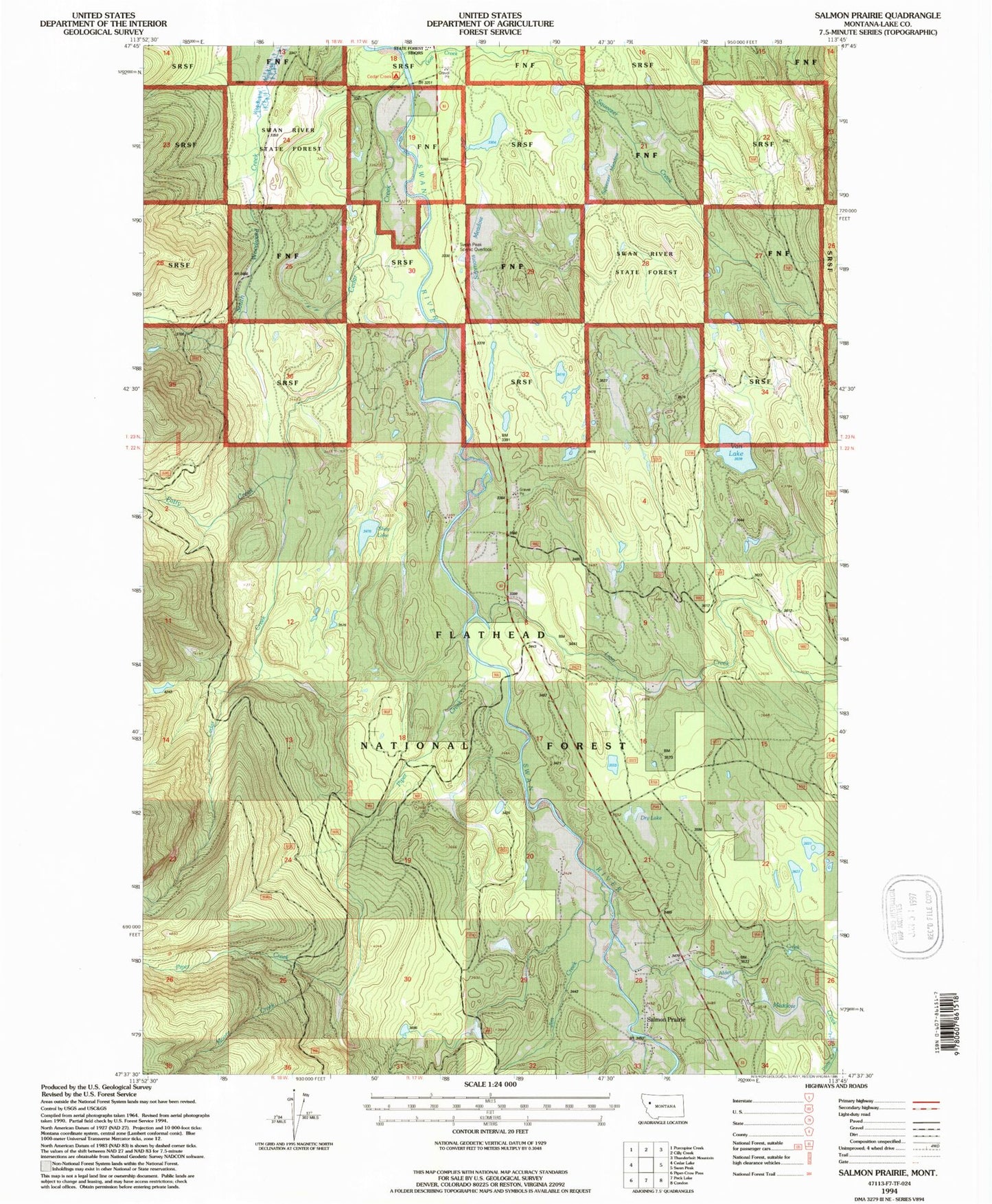 Classic USGS Salmon Prairie Montana 7.5'x7.5' Topo Map Image