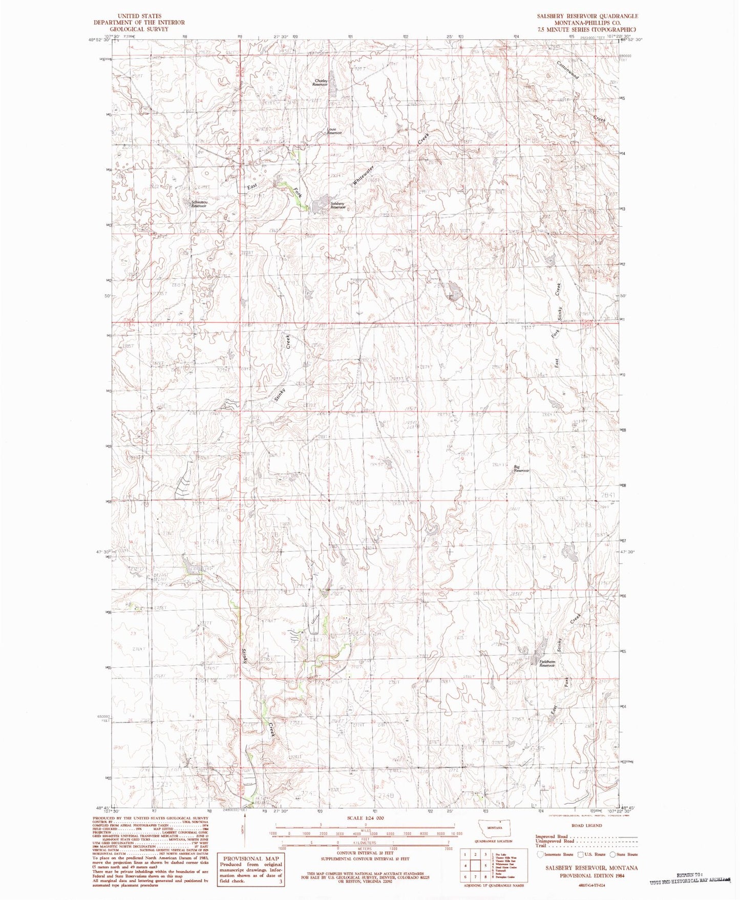 Classic USGS Salsbery Reservoir Montana 7.5'x7.5' Topo Map Image