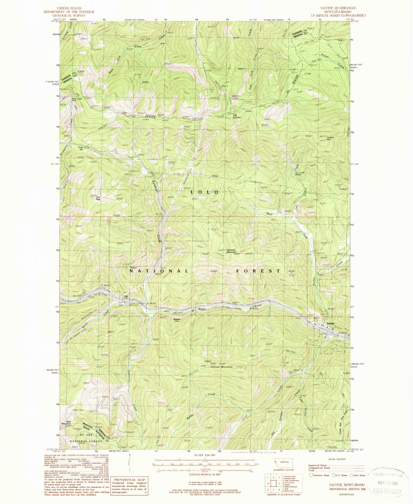 Classic USGS Saltese Montana 7.5'x7.5' Topo Map Image