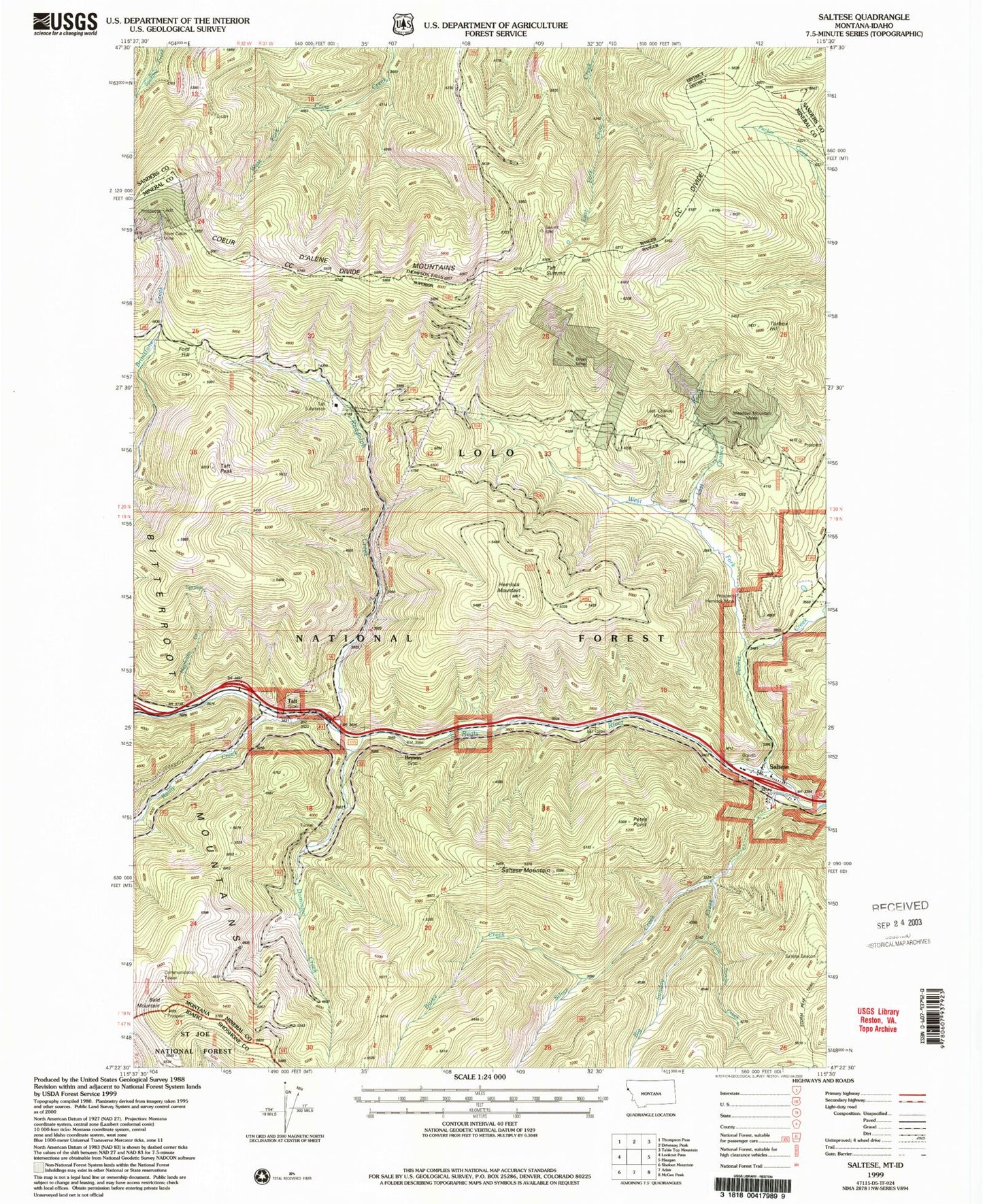 Classic USGS Saltese Montana 7.5'x7.5' Topo Map Image