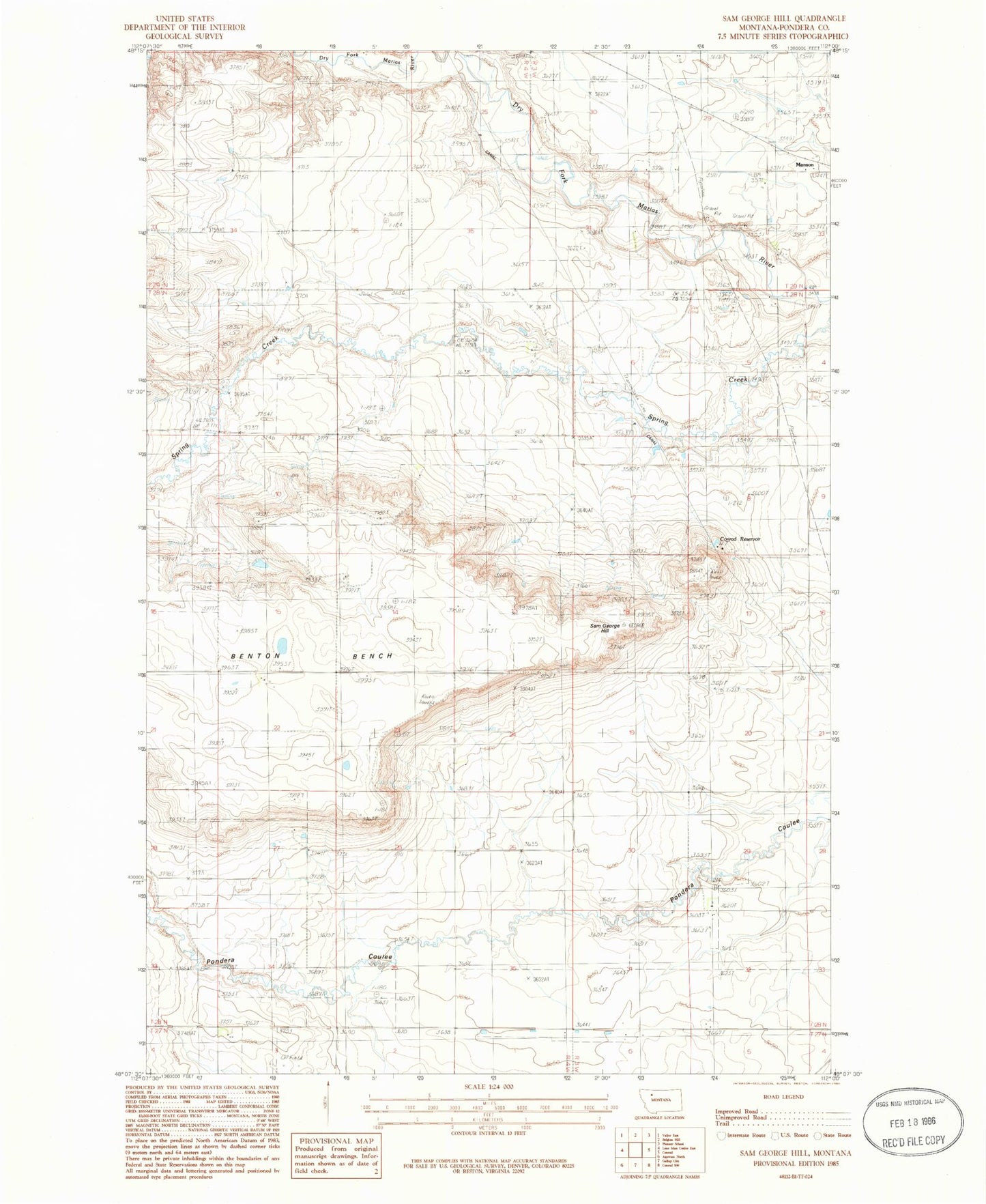 Classic USGS Sam George Hill Montana 7.5'x7.5' Topo Map Image