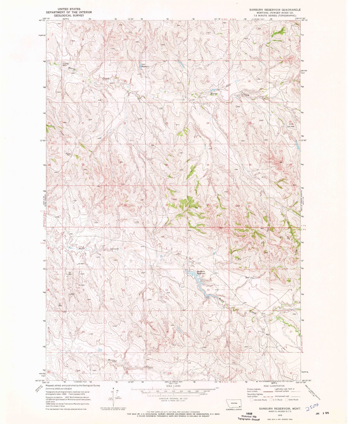 Classic USGS Sanburn Reservoir Montana 7.5'x7.5' Topo Map Image
