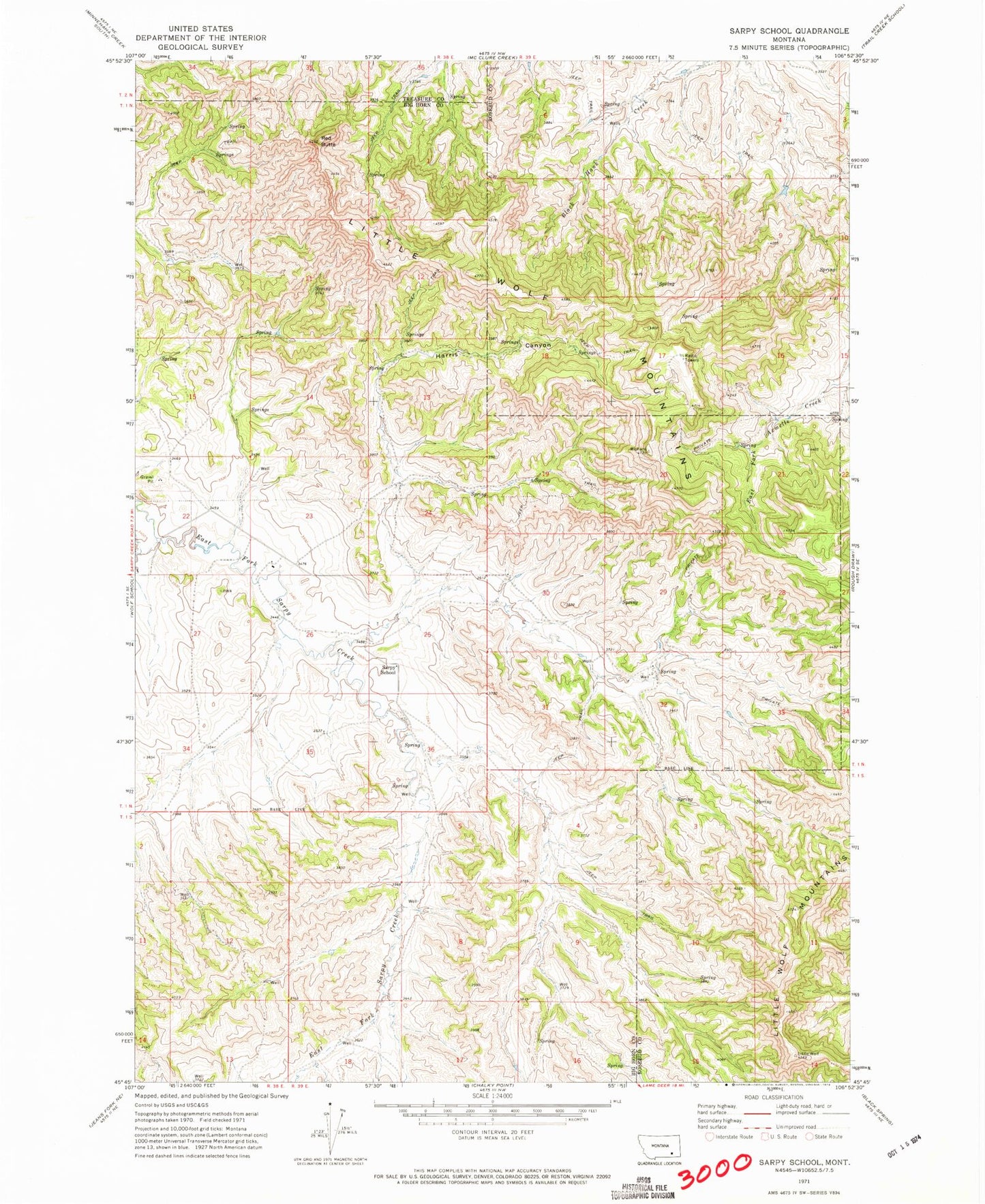 Classic USGS Sarpy School Montana 7.5'x7.5' Topo Map Image
