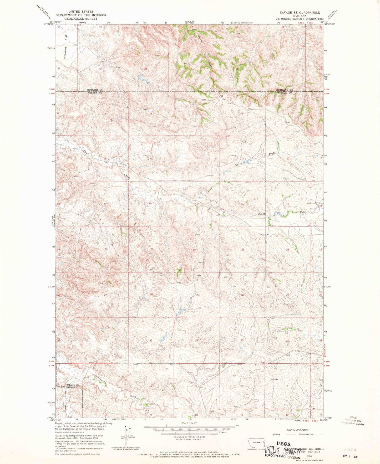 Classic USGS Savage SE Montana 7.5'x7.5' Topo Map Image