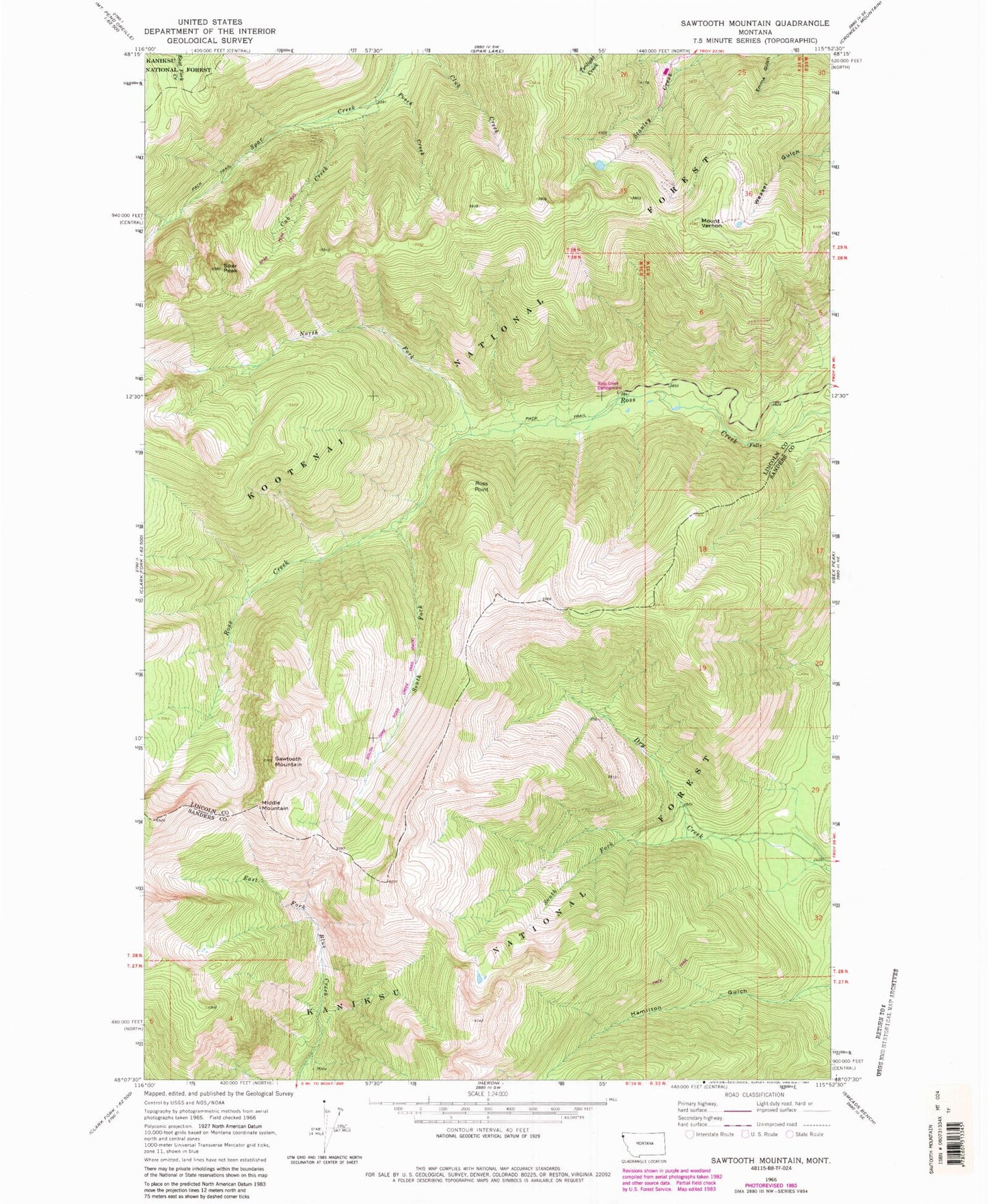 Classic USGS Sawtooth Mountain Montana 7.5'x7.5' Topo Map Image