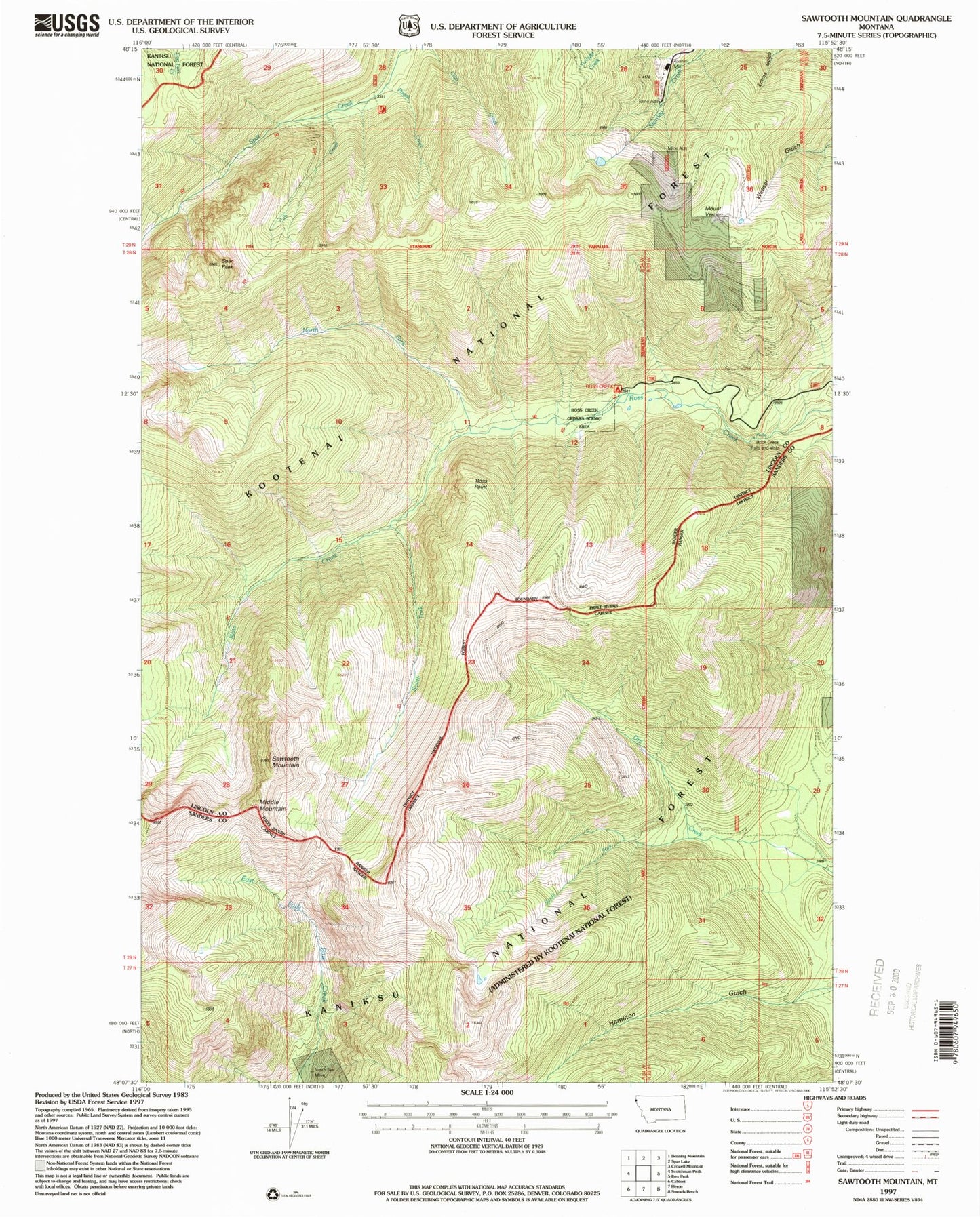 Classic USGS Sawtooth Mountain Montana 7.5'x7.5' Topo Map Image