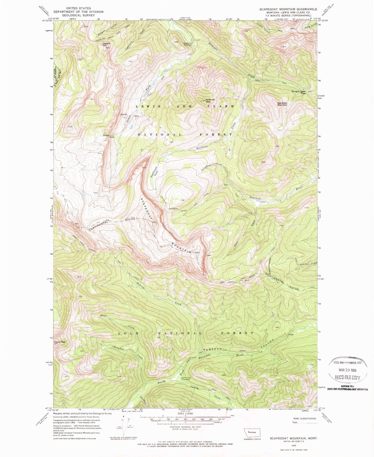 Classic USGS Scapegoat Mountain Montana 7.5'x7.5' Topo Map Image