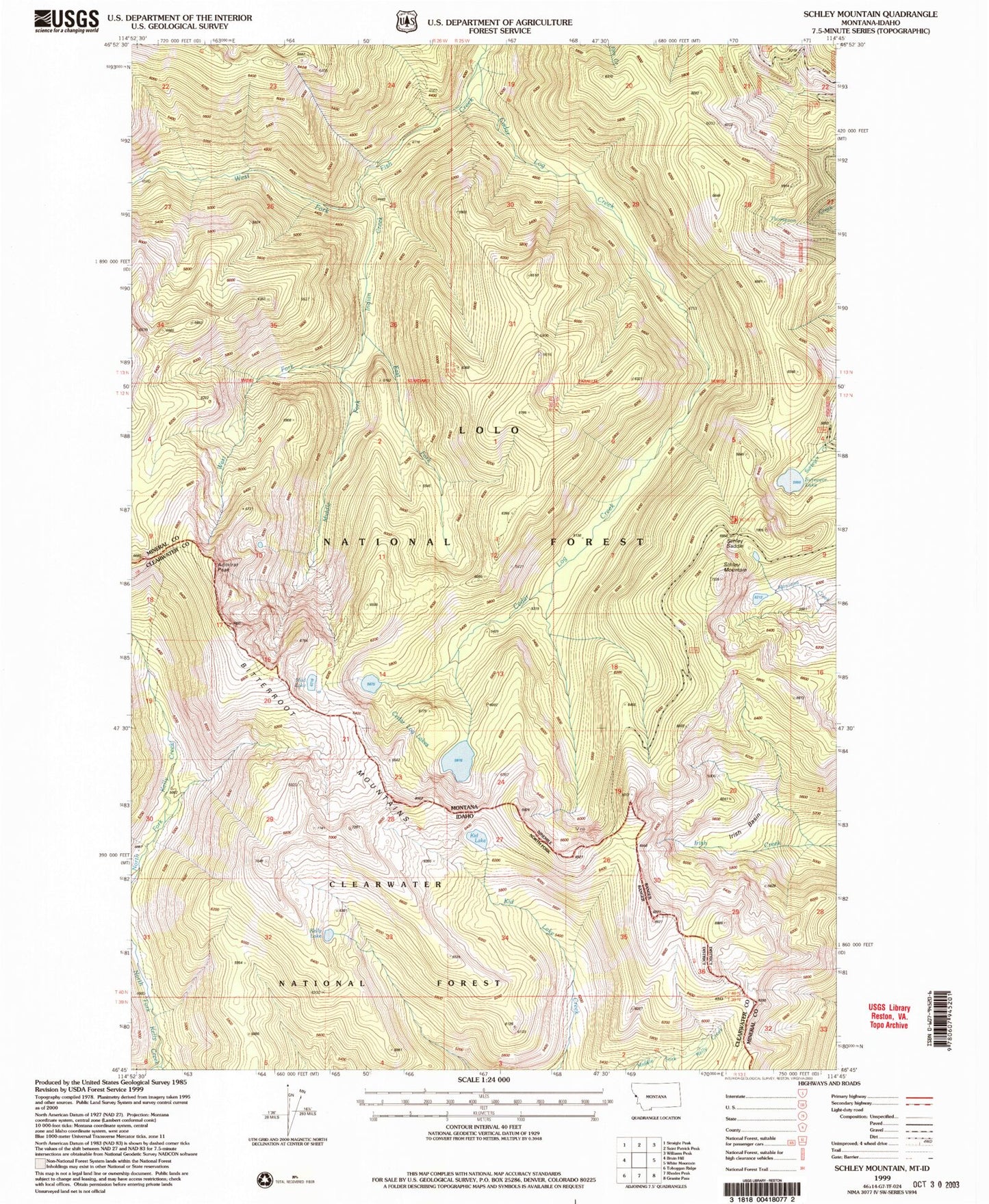 Classic USGS Schley Mountain Montana 7.5'x7.5' Topo Map Image