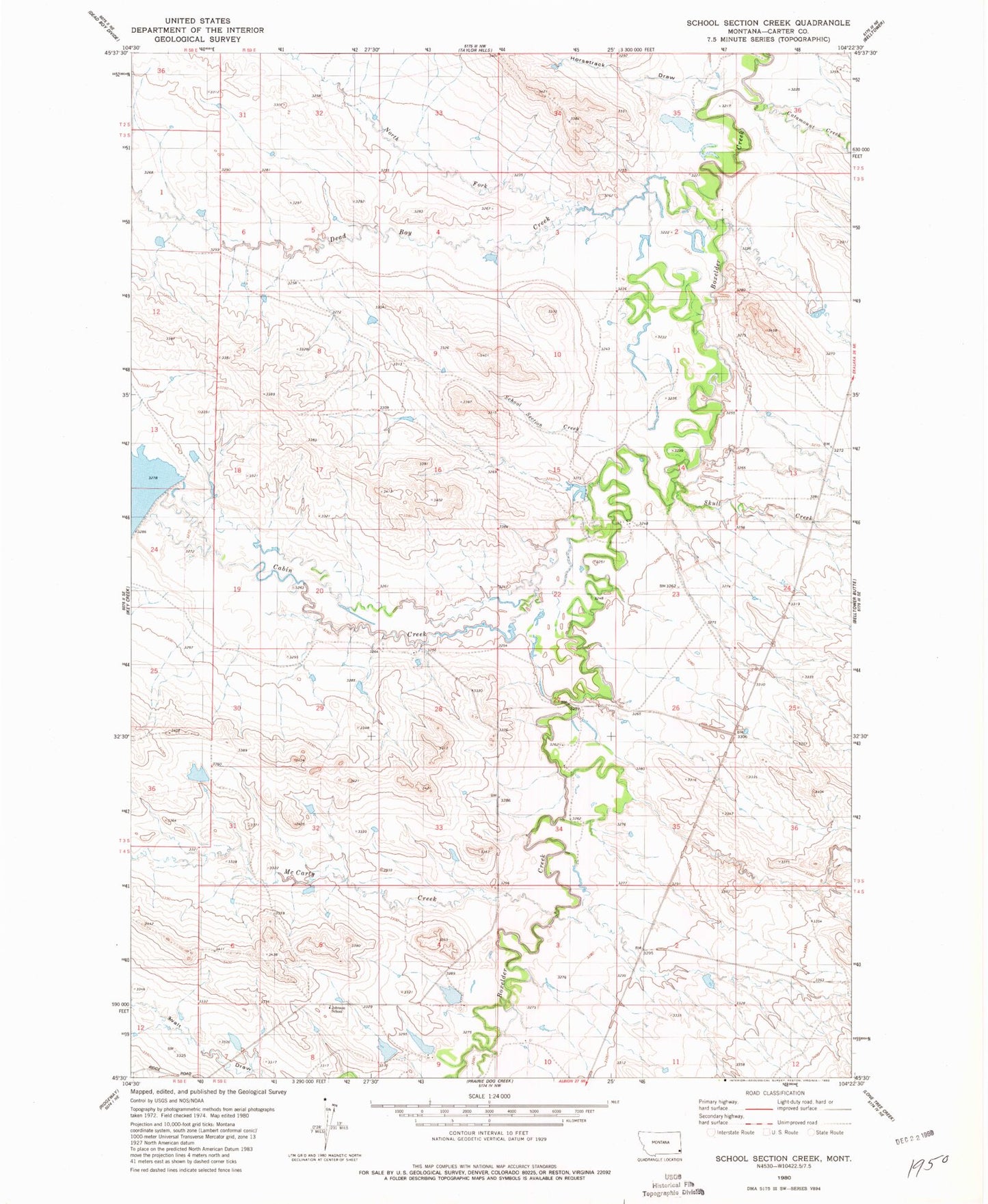 Classic USGS School Section Creek Montana 7.5'x7.5' Topo Map Image
