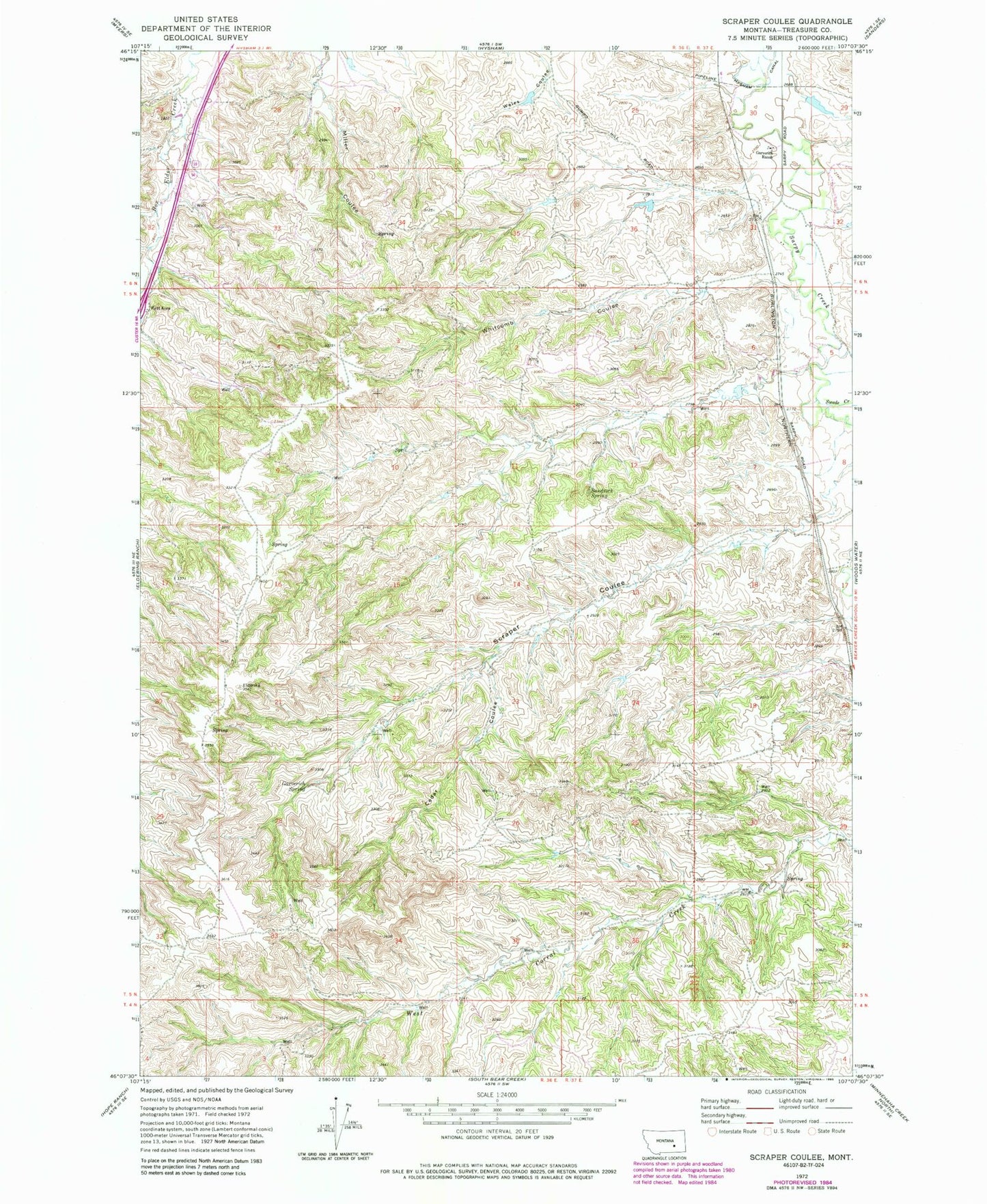 Classic USGS Scraper Coulee Montana 7.5'x7.5' Topo Map Image