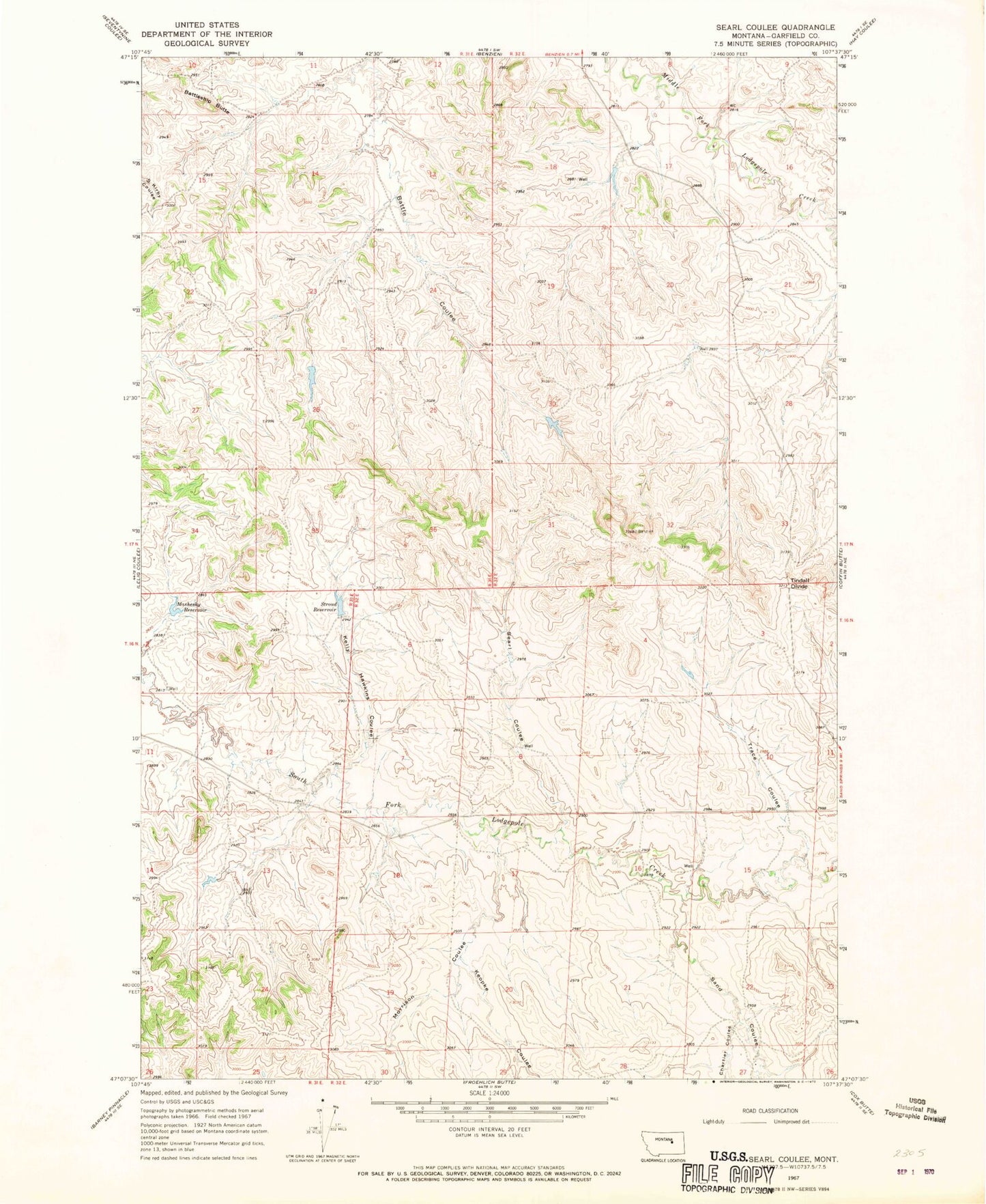 Classic USGS Searl Coulee Montana 7.5'x7.5' Topo Map Image