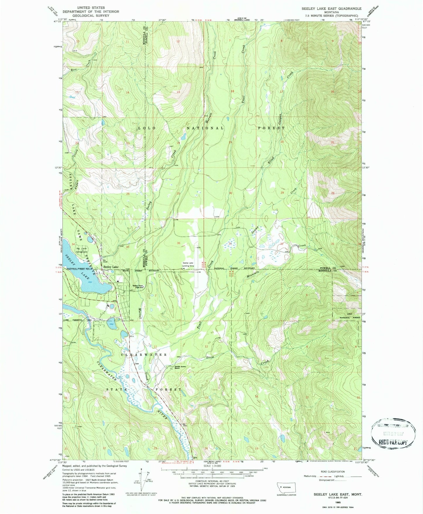 Classic USGS Seeley Lake East Montana 7.5'x7.5' Topo Map Image