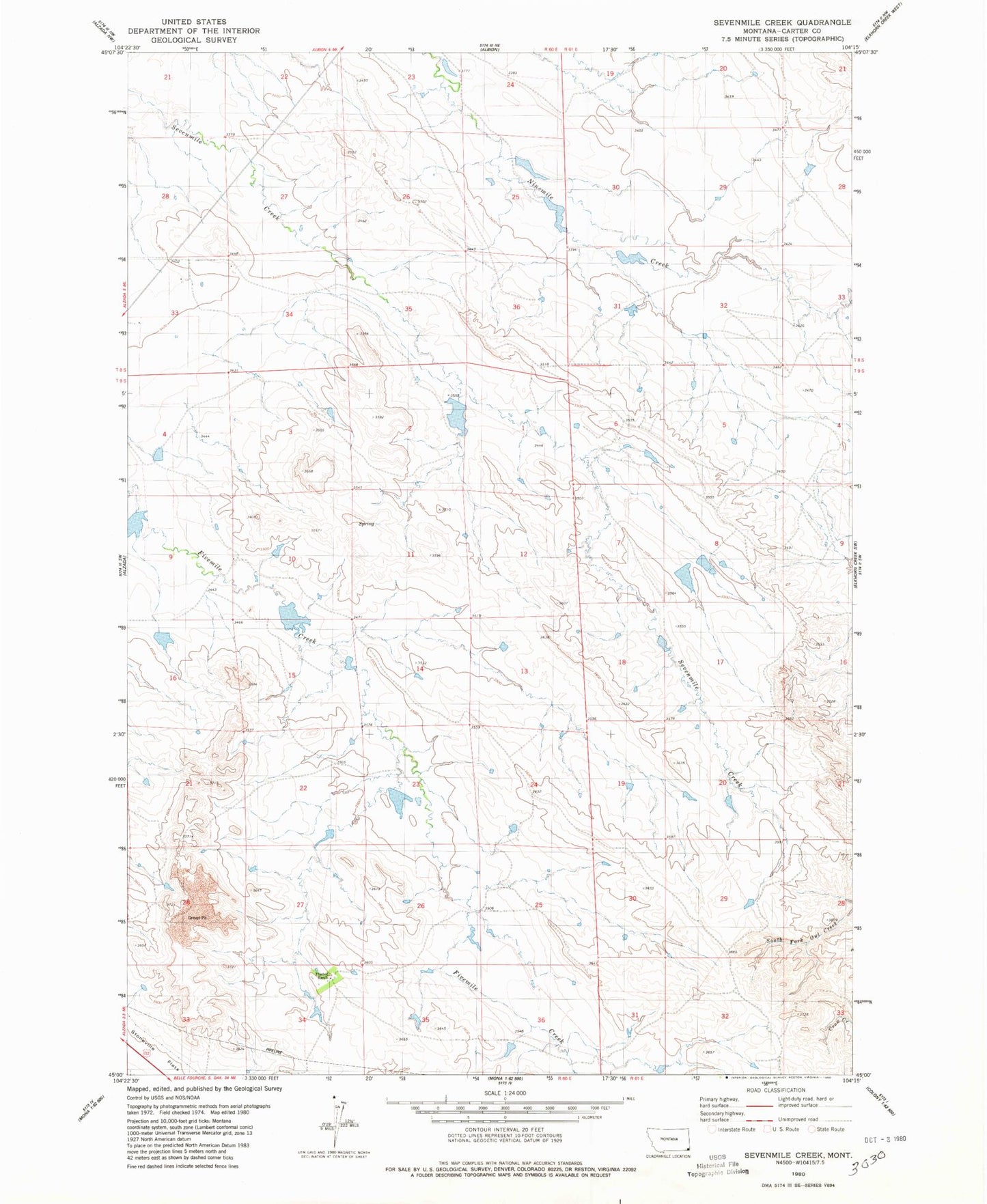 Classic USGS Sevenmile Creek Montana 7.5'x7.5' Topo Map Image