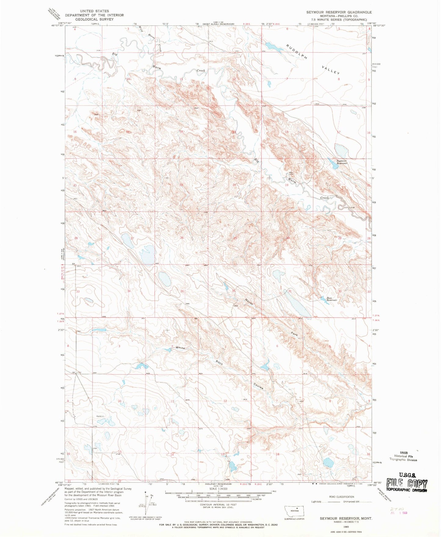 Classic USGS Seymour Reservoir Montana 7.5'x7.5' Topo Map Image