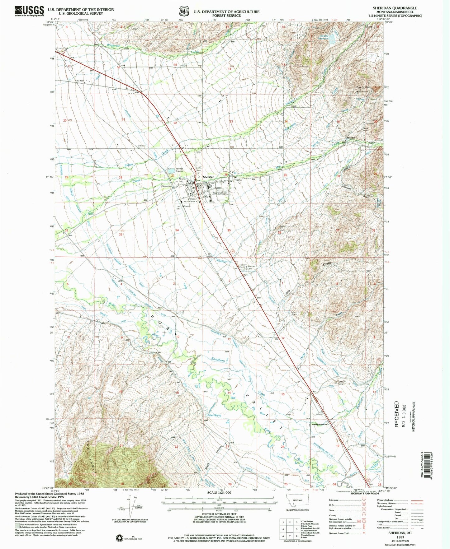 Classic USGS Sheridan Montana 7.5'x7.5' Topo Map Image