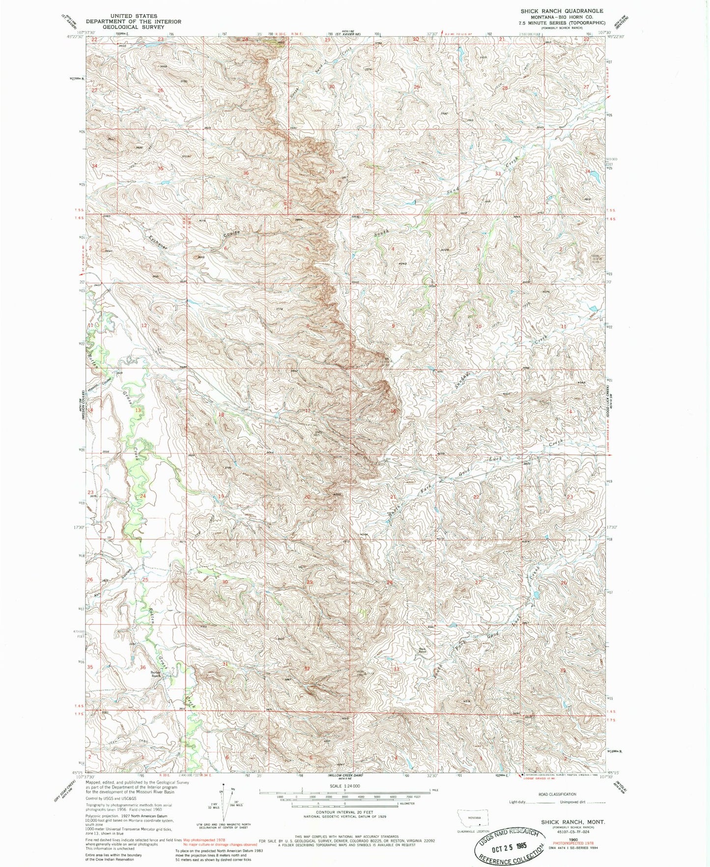 Classic USGS Shick Ranch Montana 7.5'x7.5' Topo Map Image