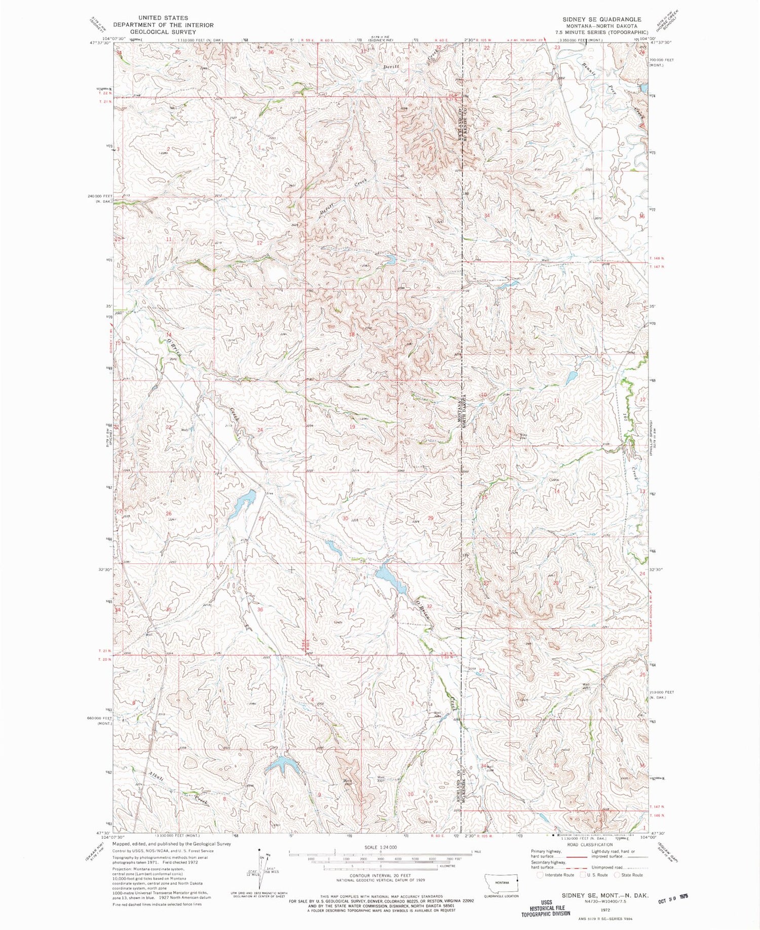 Classic USGS Sidney SE Montana 7.5'x7.5' Topo Map Image
