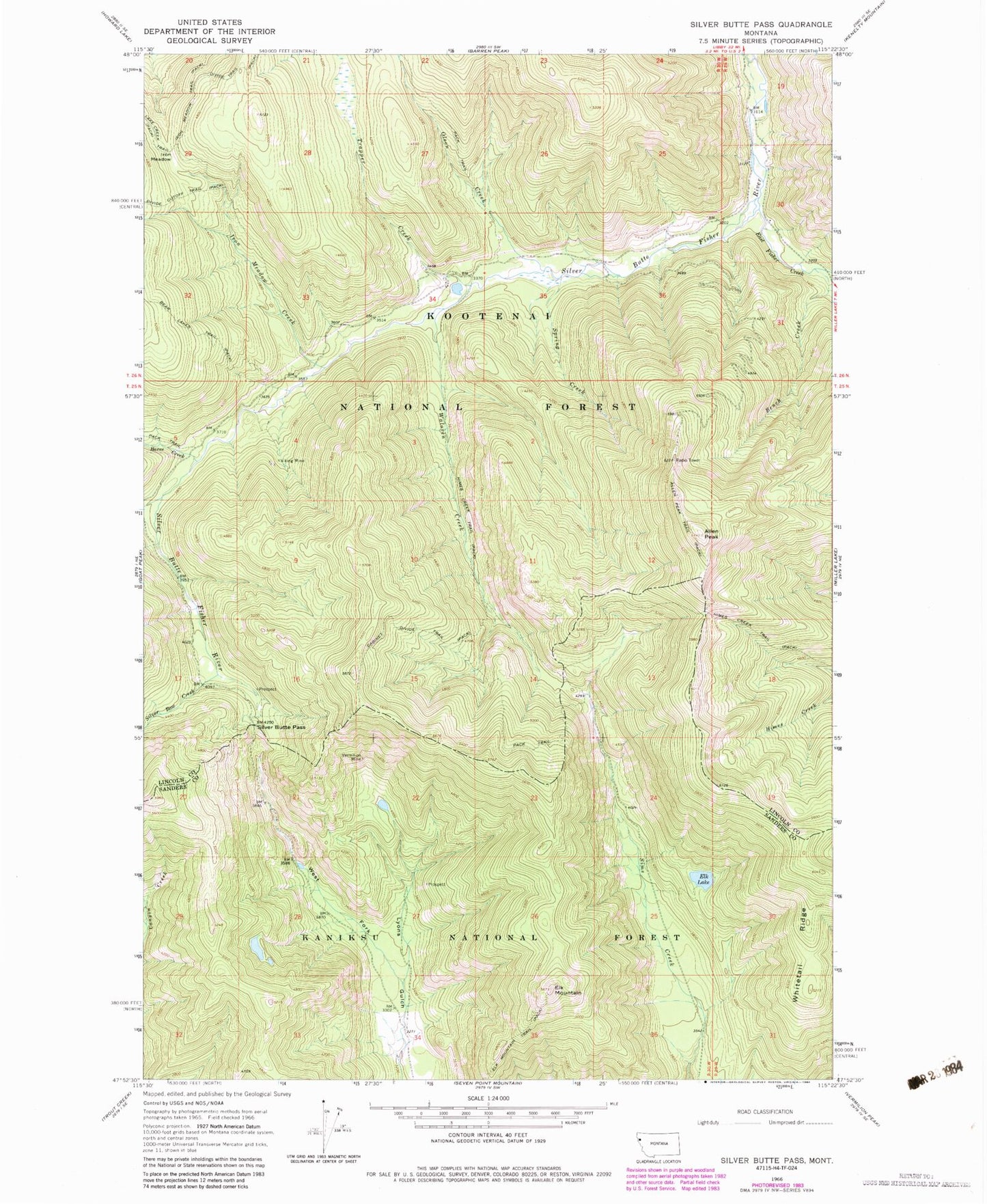 Classic USGS Silver Butte Pass Montana 7.5'x7.5' Topo Map Image