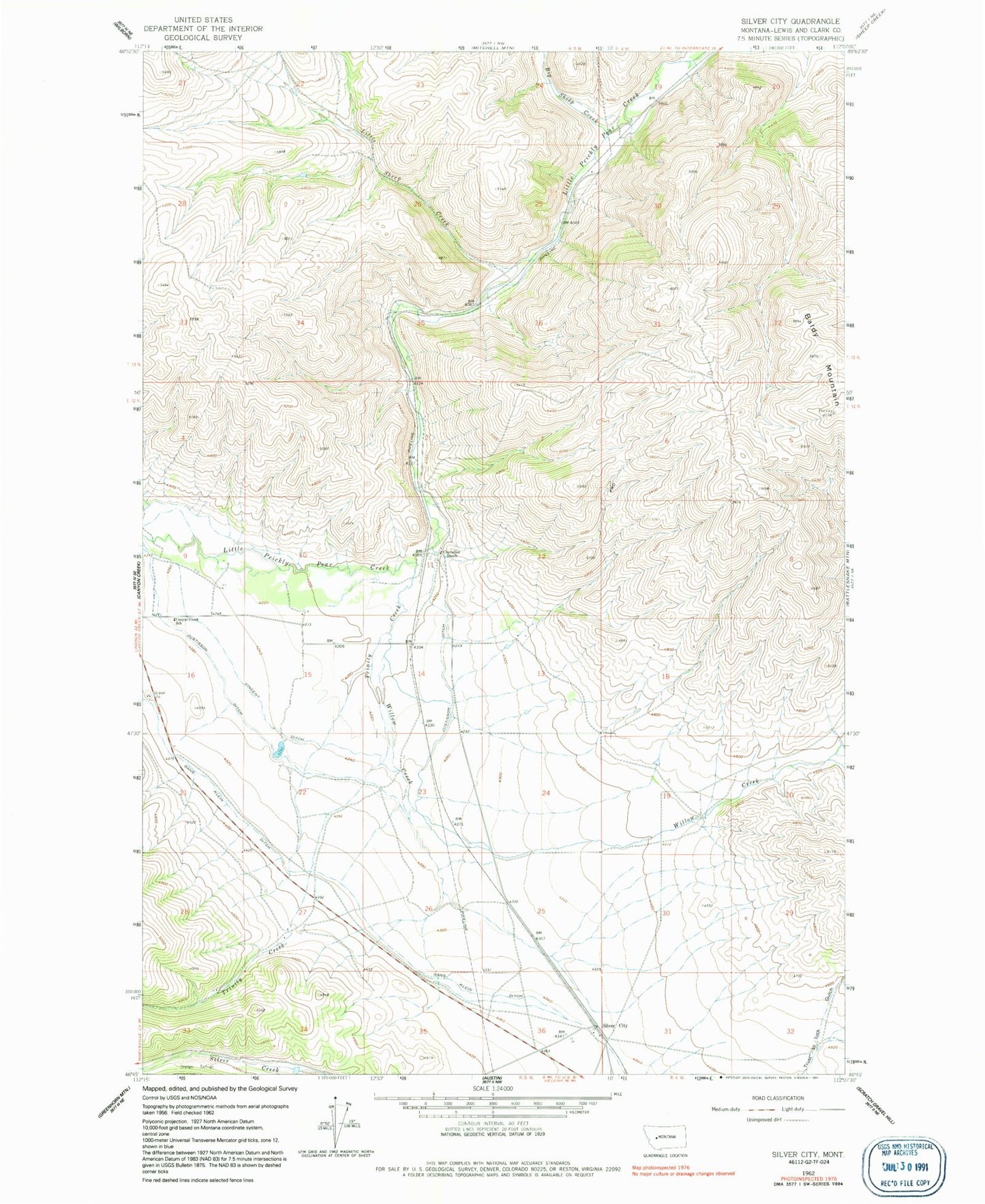 Classic USGS Silver City Montana 7.5'x7.5' Topo Map Image