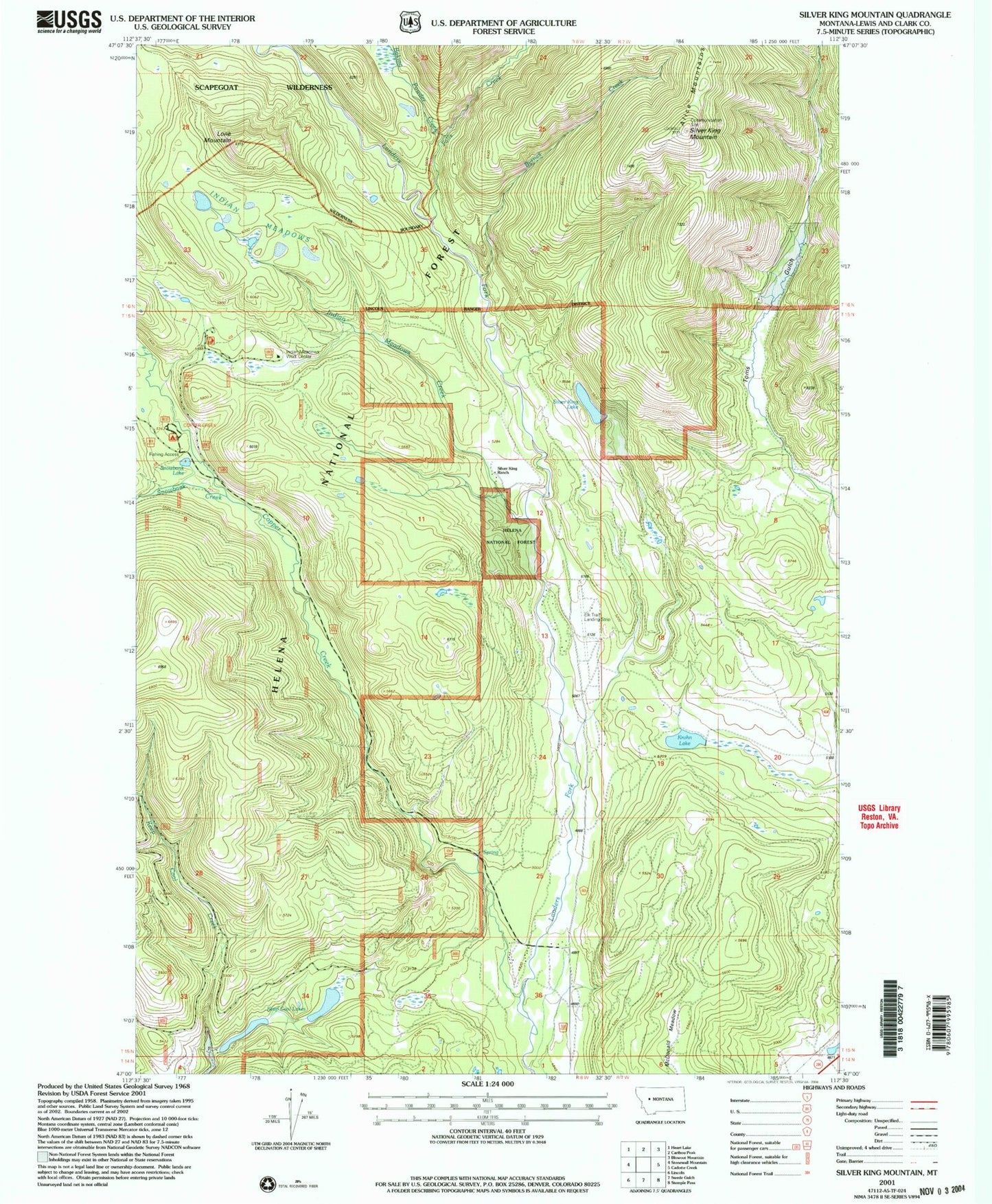 Classic USGS Silver King Mountain Montana 7.5'x7.5' Topo Map Image