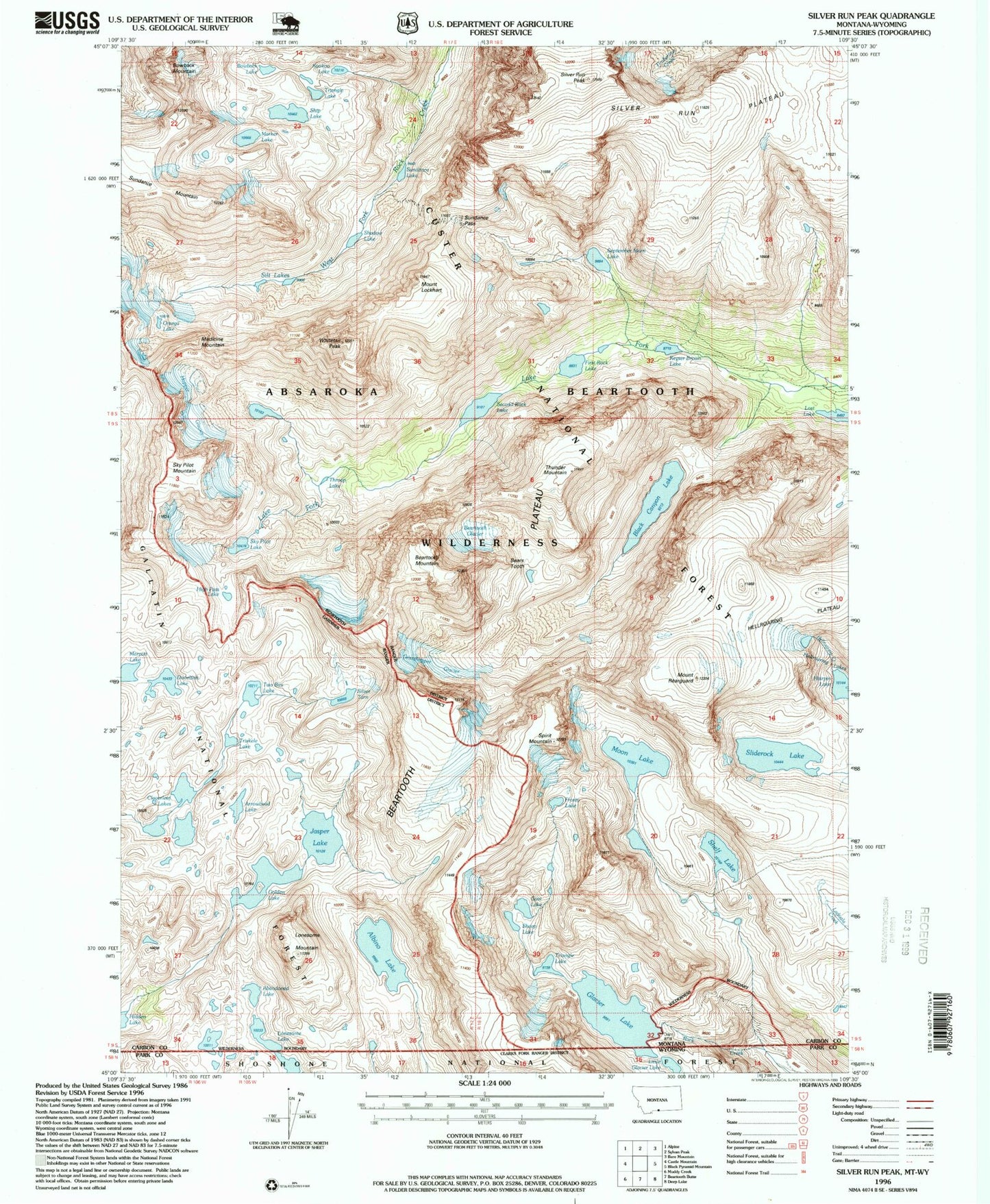 USGS Classic Silver Run Peak Montana 7.5'x7.5' Topo Map Image