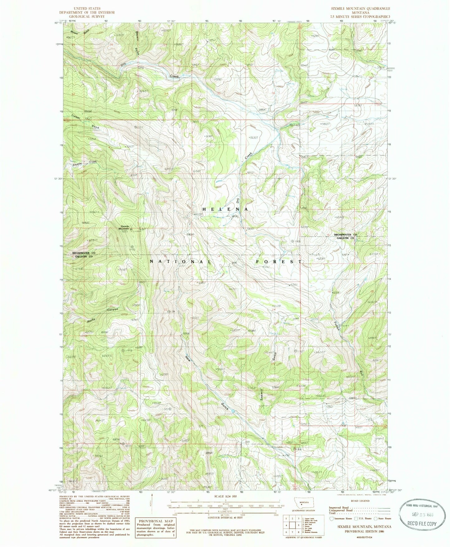 Classic USGS Sixmile Mountain Montana 7.5'x7.5' Topo Map Image