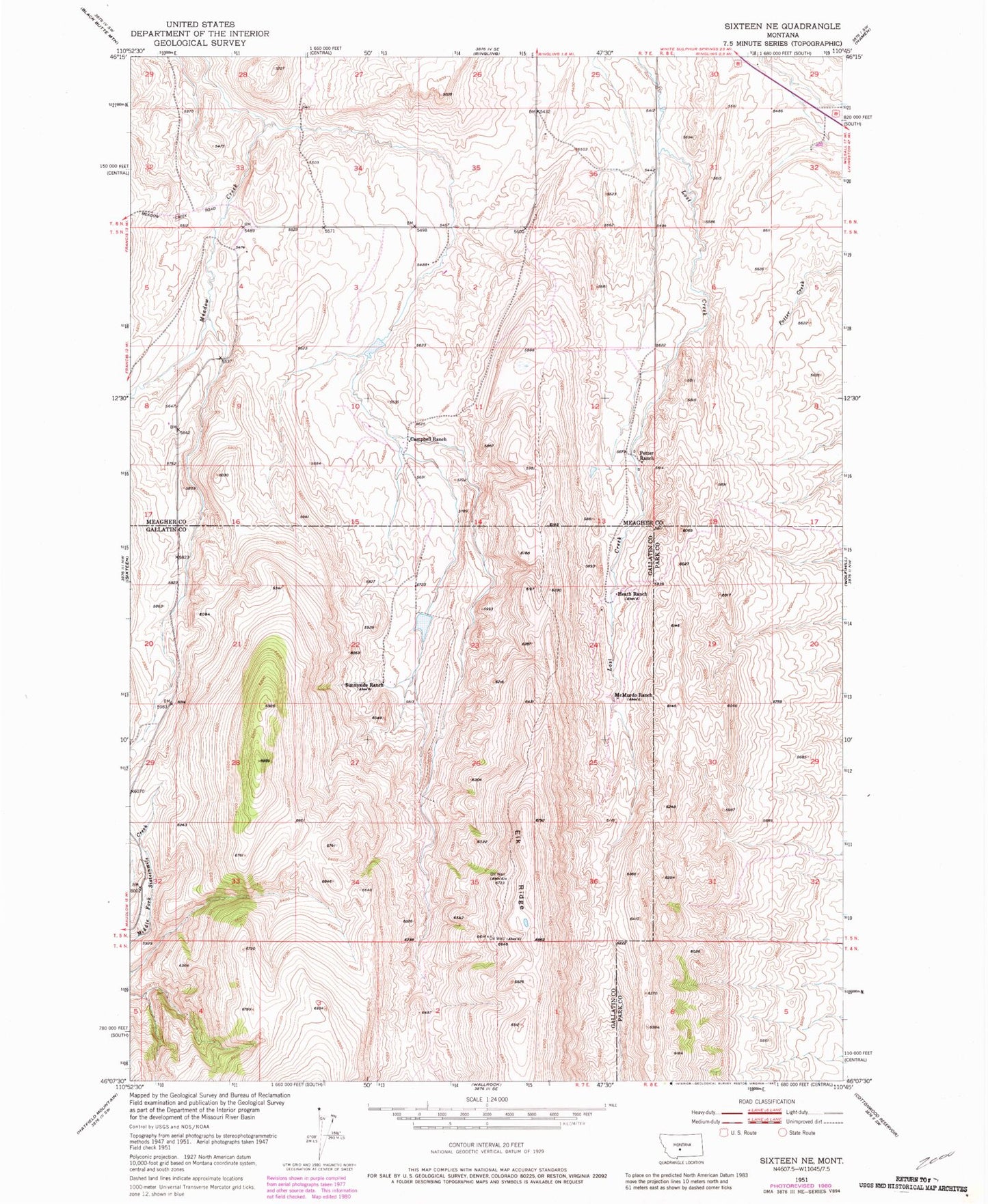 Classic USGS Sixteen NE Montana 7.5'x7.5' Topo Map Image