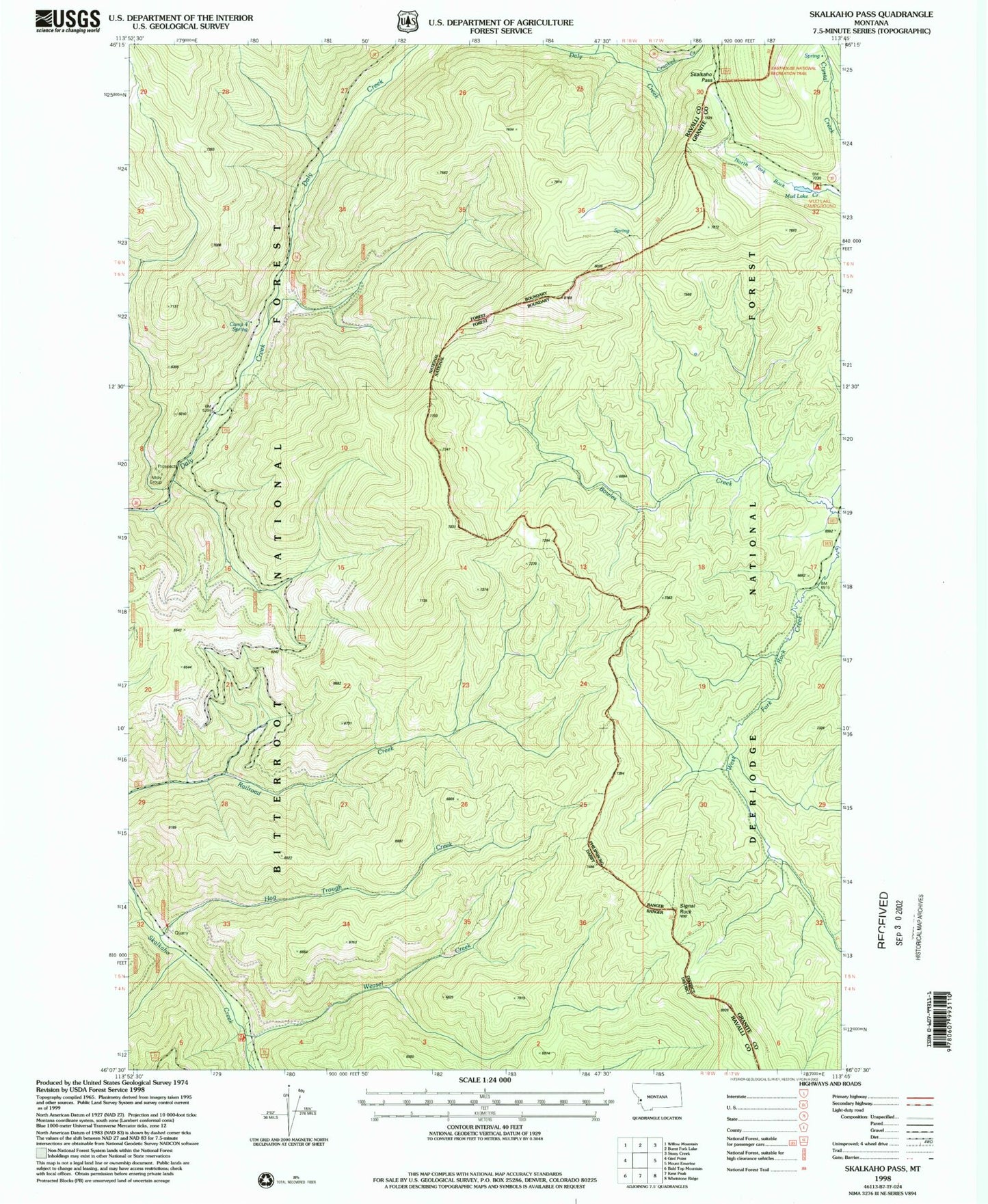 Classic USGS Skalkaho Pass Montana 7.5'x7.5' Topo Map Image