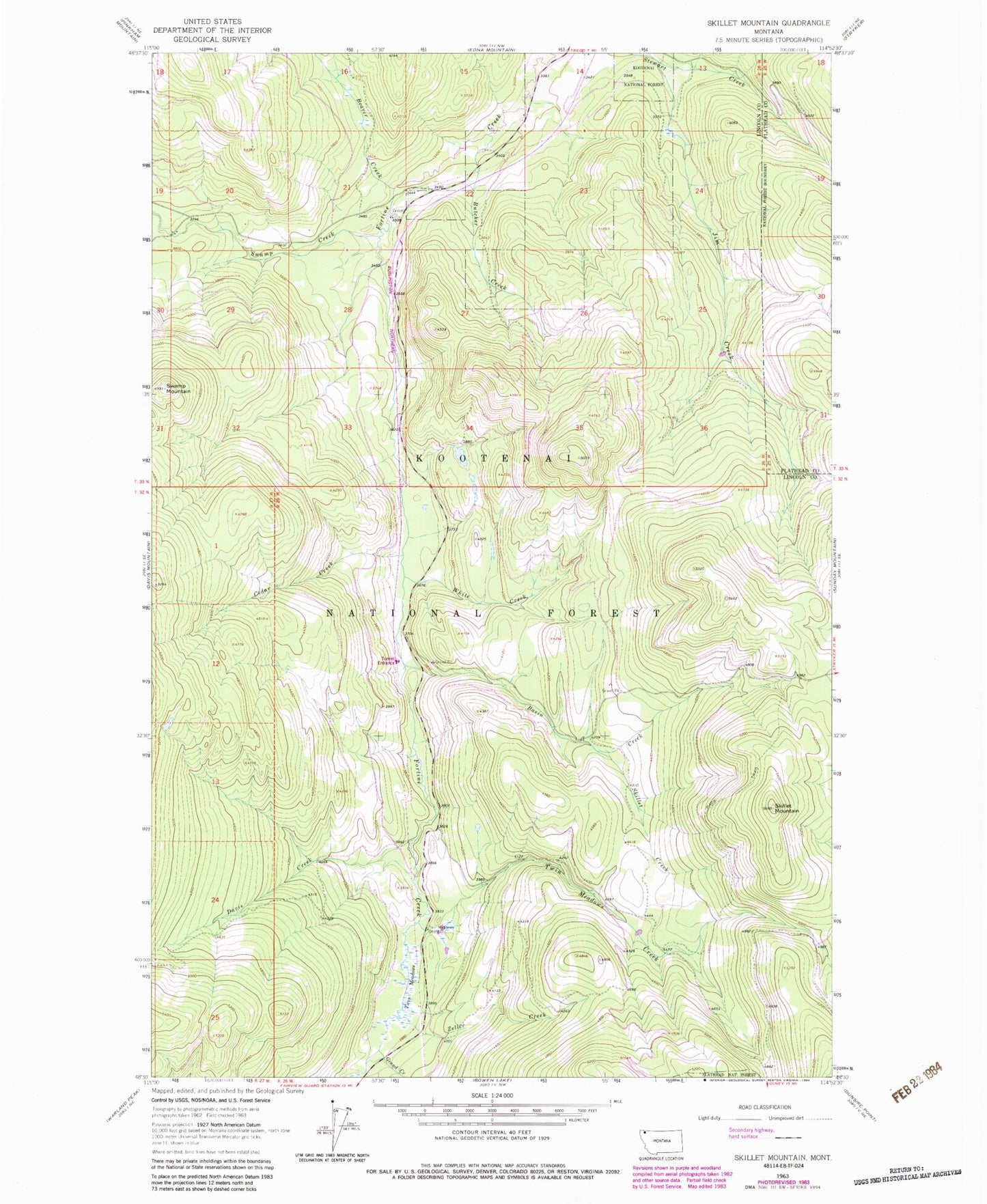 Classic USGS Skillet Mountain Montana 7.5'x7.5' Topo Map Image