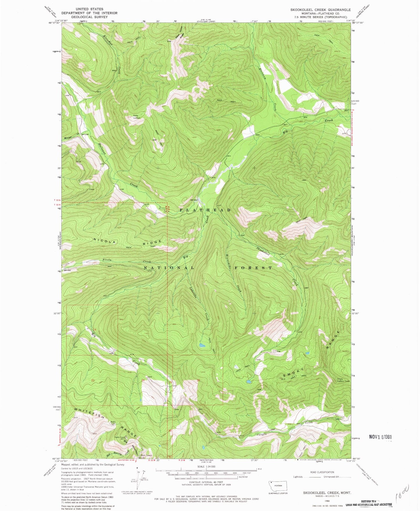 Classic USGS Skookoleel Creek Montana 7.5'x7.5' Topo Map Image