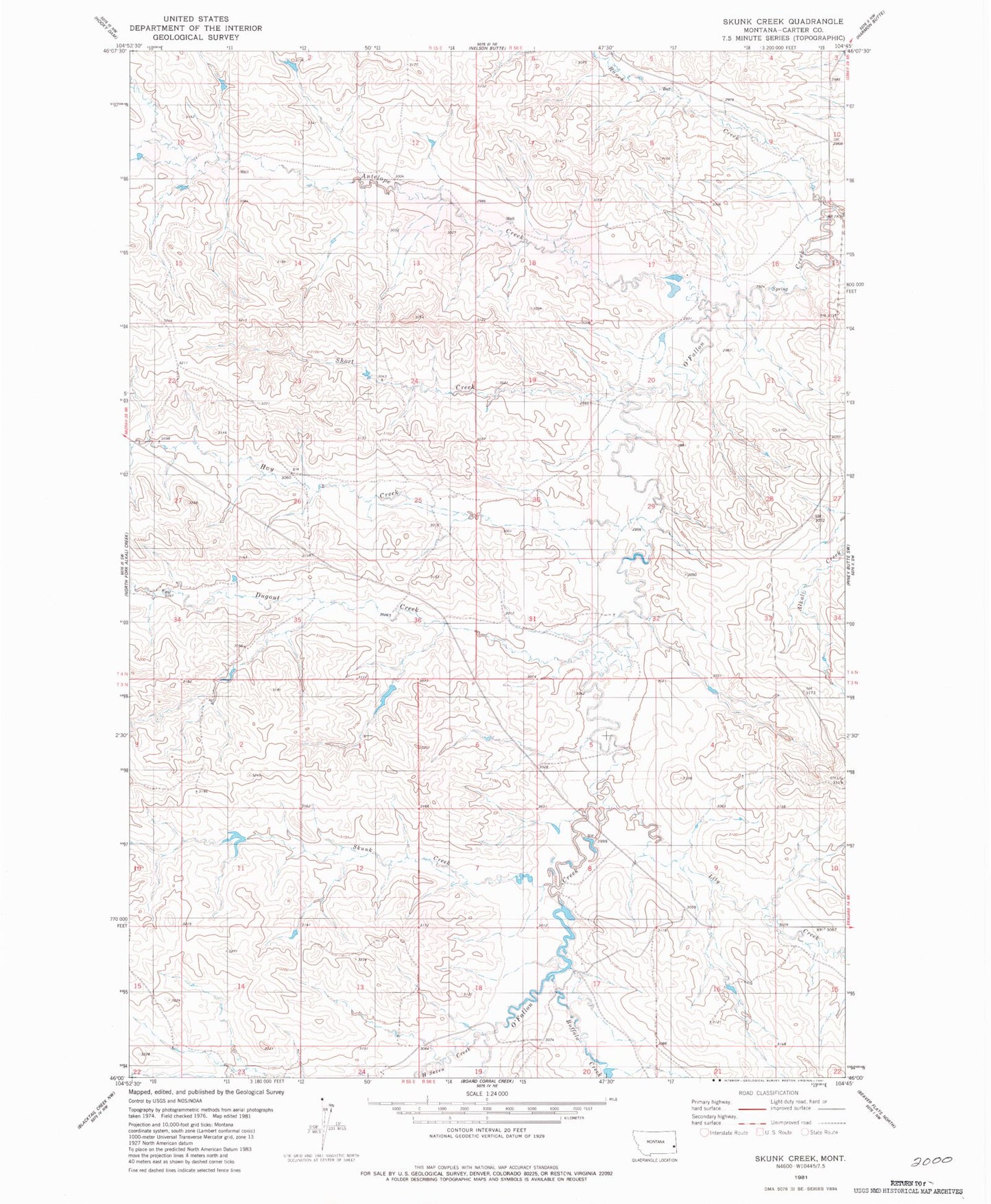 Classic USGS Skunk Creek Montana 7.5'x7.5' Topo Map Image