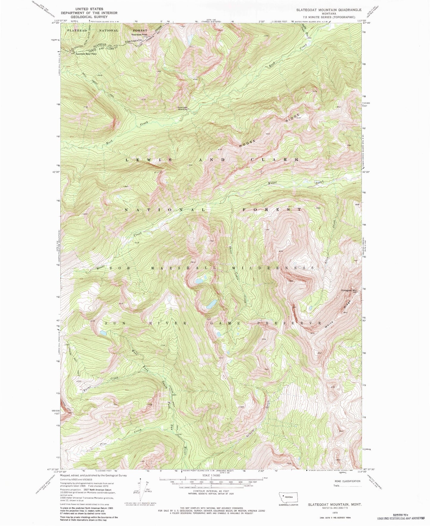 Classic USGS Slategoat Mountain Montana 7.5'x7.5' Topo Map Image