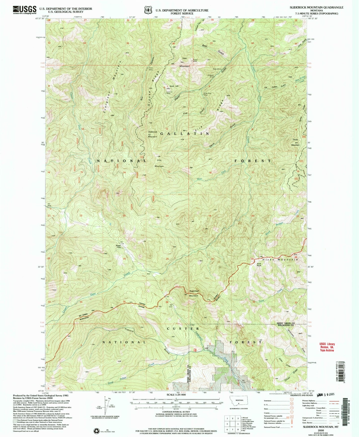 Classic USGS Sliderock Mountain Montana 7.5'x7.5' Topo Map Image