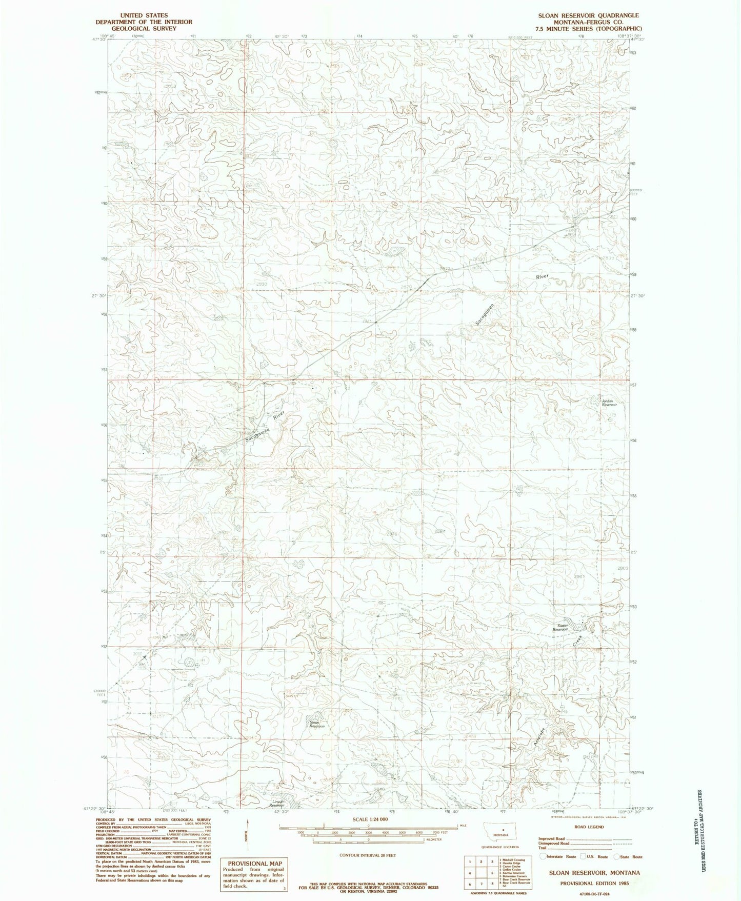 Classic USGS Sloan Reservoir Montana 7.5'x7.5' Topo Map Image