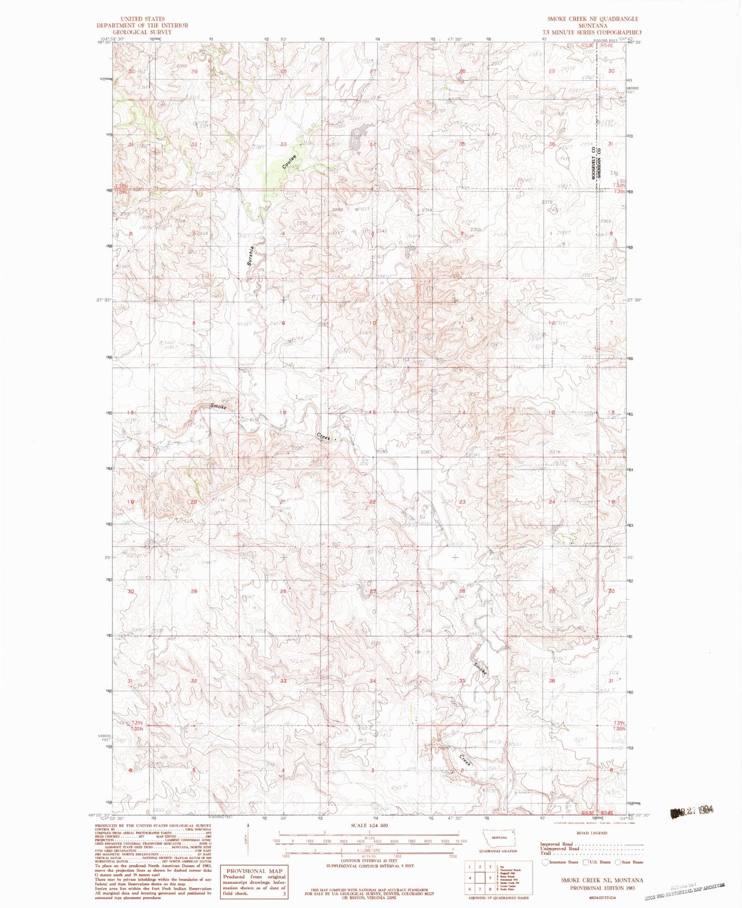 Classic USGS Smoke Creek NE Montana 7.5'x7.5' Topo Map Image