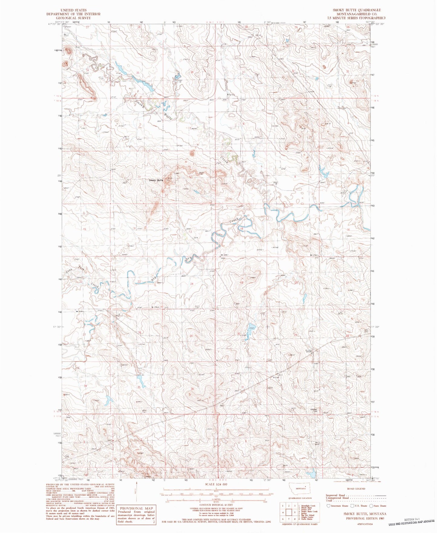 Classic USGS Smoky Butte Montana 7.5'x7.5' Topo Map Image