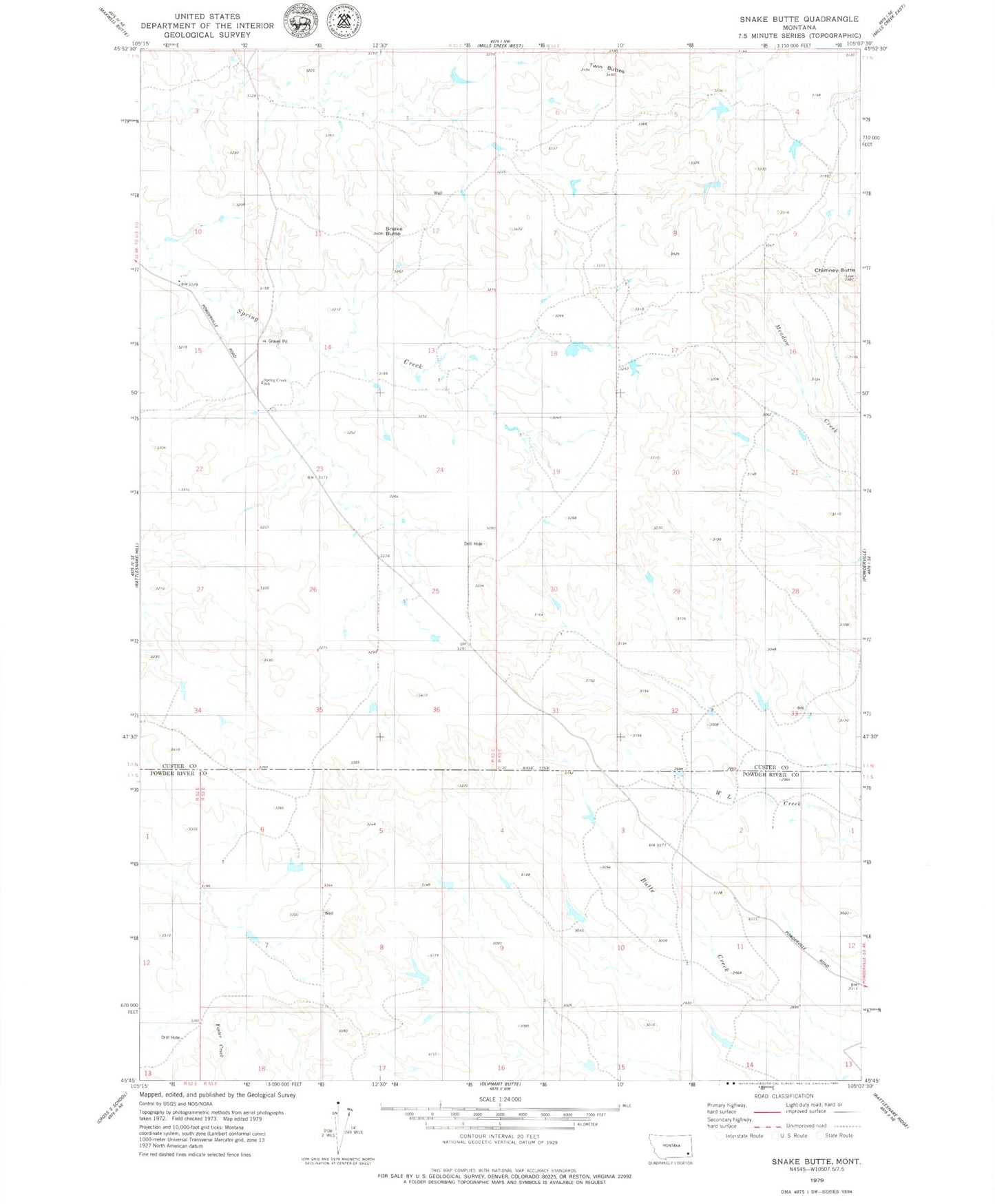 Classic USGS Snake Butte Montana 7.5'x7.5' Topo Map Image