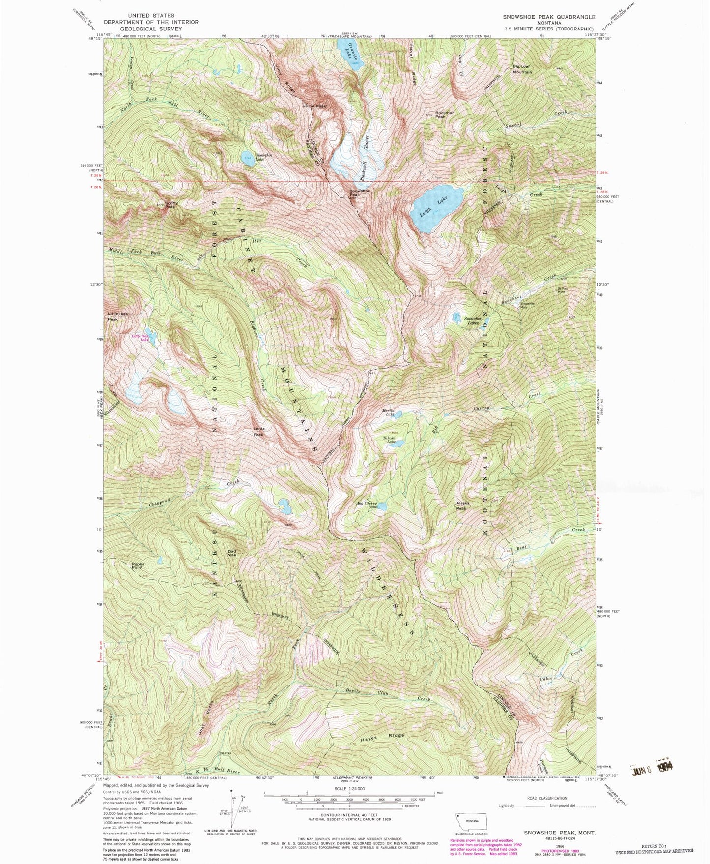 Classic USGS Snowshoe Peak Montana 7.5'x7.5' Topo Map Image